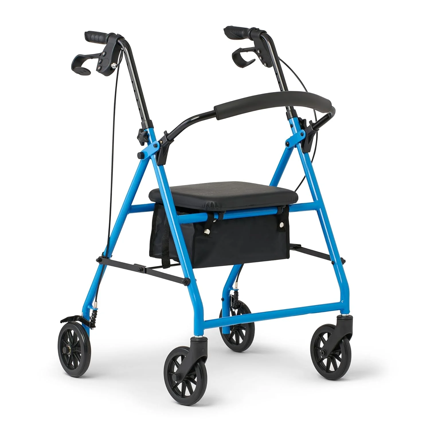 واکر رولیتور تاشو فولادی سبک وزن Medline Mobility با چرخ‌های 6 اینچی، صندلی و بازوهای قابل تنظیم، آبی روشن
