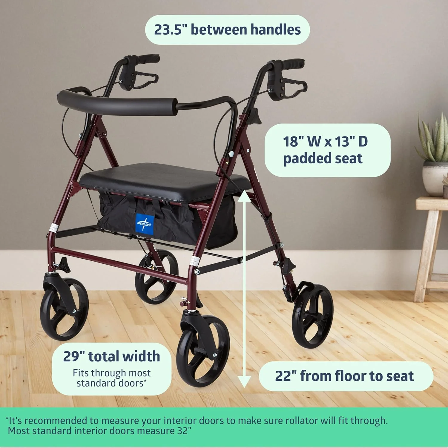 واکر رولیتور سنگین Medline با صندلی، واکر چرخ دار باریاتریک با تحمل وزن تا 226 کیلوگرم، چرخ های بزرگ 8 اینچی، رنگ بورگاندی