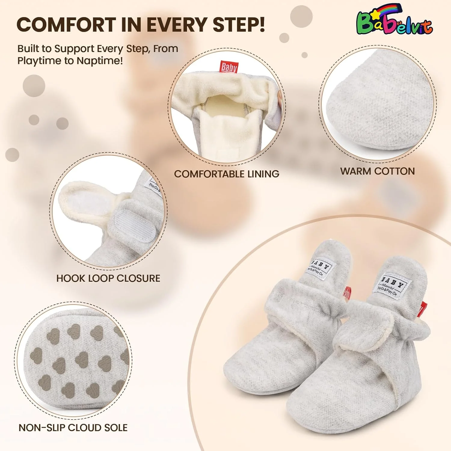 جوراب پاپوش پشمی نرم نوزادی پسرانه دخترانه بابل ویت، ضد لغزش، مناسب برای اولین قدم های کودک در زمستان جوراب پاپوش پشمی نرم نوزادی پسرانه دخترانه بابل ویت، ضد لغزش، مناسب برای اولین قدم های کودک در زمستان