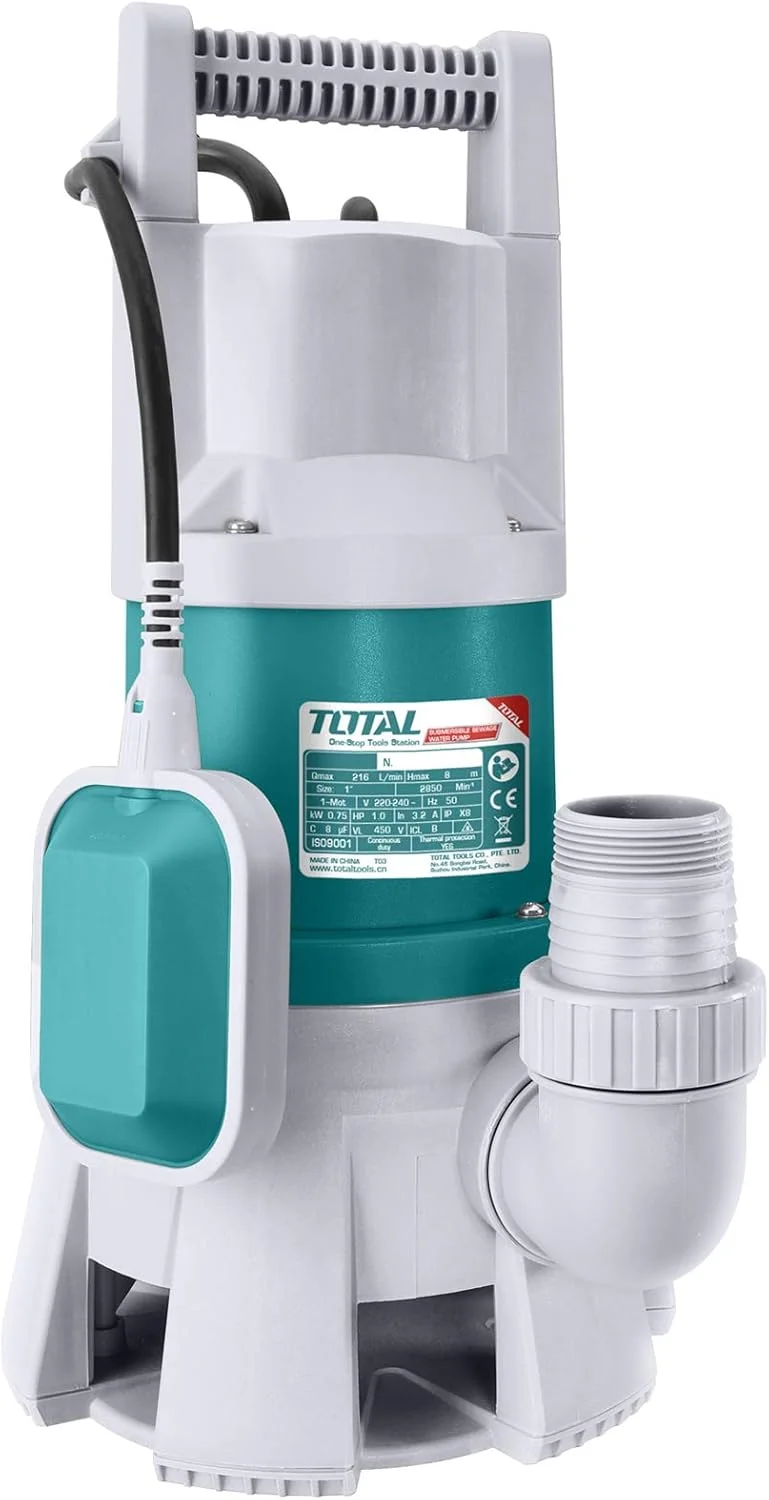 پمپ آب غوطه ور سبک TOTAL MR، 1000 وات، 216.7 لیتر در دقیقه، موتور سیم مسی، کابل 10 متری، سوئیچ شناور (TWP810001)