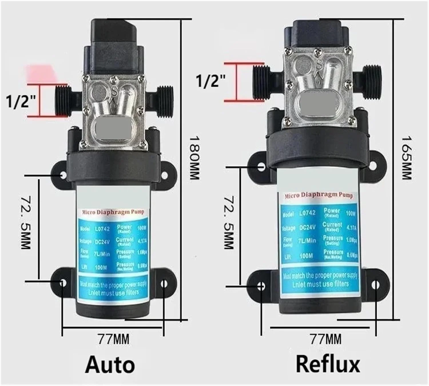 پمپ دیافراگمی، 1/2 اینچ 24 ولت 100 وات 7 لیتر پمپ دیافراگمی برقی خود مکش، تست فشار آب مقاوم در برابر درجه حرارت بالا خانگی (خودکار)