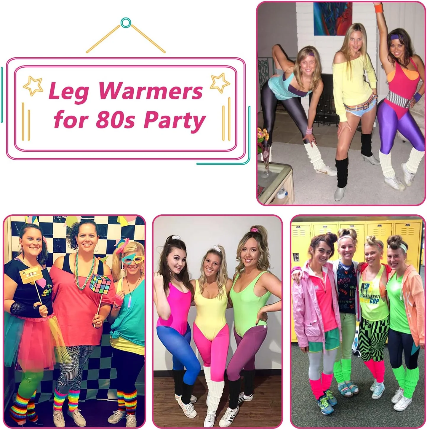 Junely دو جفت ساق گرمکن زنانه، گرمکن ساق بافتنی راه راه دهه 80 برای رقص باله، اسکیت نمایشی، یوگا، مهمانی نئون