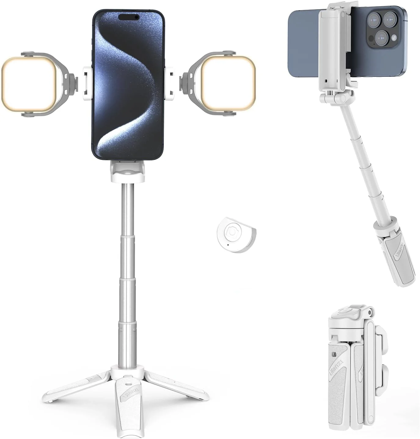 سه پایه سلفی استیک ULANZI JJ02، سه پایه گوشی با گریپ قابل افزایش طول با ریموت جداشدنی سایز جیبی، گریپ مینی گوشی 3 در 1 با 2 کفشک سرد، شاتر بی سیم 10 متری، مناسب برای ولاگ، پخش زنده و عکاسی (سفید)