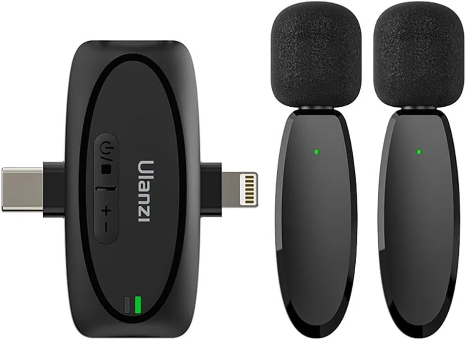 میکروفون یقه‌ای بی‌سیم یولانزی V6 برای آیفون، آیپد، اندروید، دوربین، میکروفون 3 در 1 پلاگ اند پلی برای ضبط ویدیو، مصاحبه، یوتیوبرها، ولاگرها، برد انتقال 50 متری