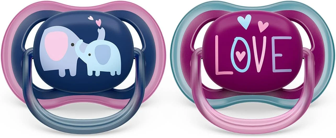 پستانک الترا ایر اونت فیلیپس - 2 عدد پستانک سبک وزن و دارای قابلیت عبور هوا برای کودکان بالای 18 ماه بدون بیسفنول آ، همراه با جعبه استریل کننده (مدل SCF349/22)