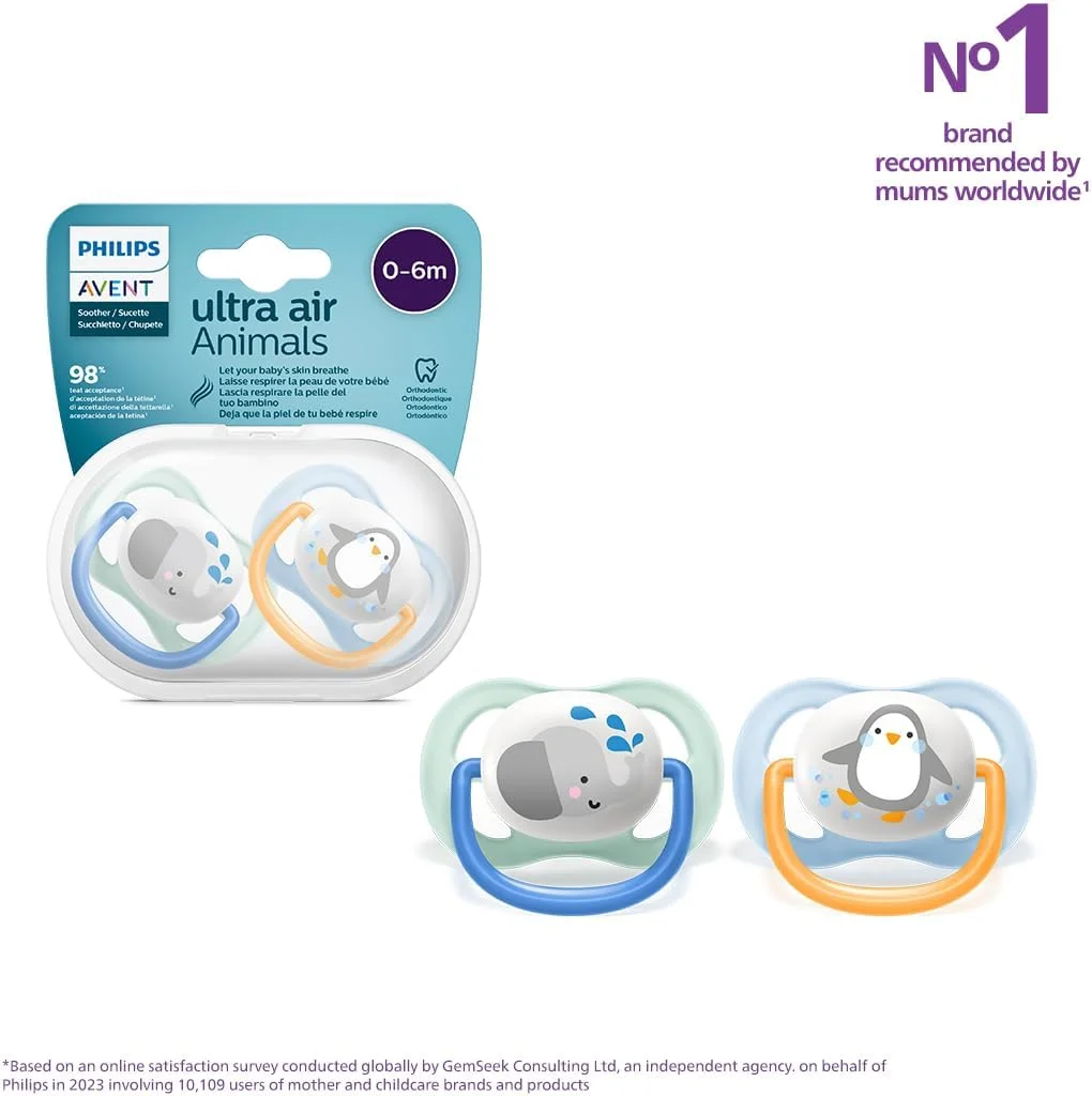 پستانک ارتودنسی الترا ایر فیلیپس اونت، مناسب 0 تا 6 ماه، طرح حیوانات، بسته 2 عددی