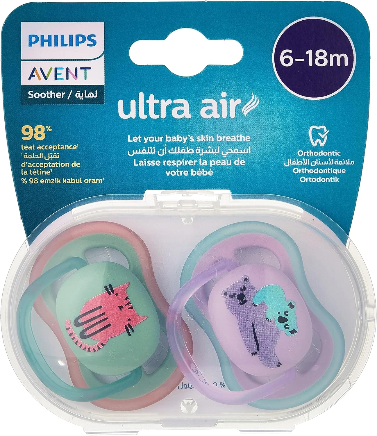 پستانک ارتودنسی الترا ایر اونت فیلیپس 6-18 ماه طرح حیوانات 2 عددی پستانک ارتودنسی الترا ایر اونت فیلیپس 6-18 ماه طرح حیوانات 2 عددی