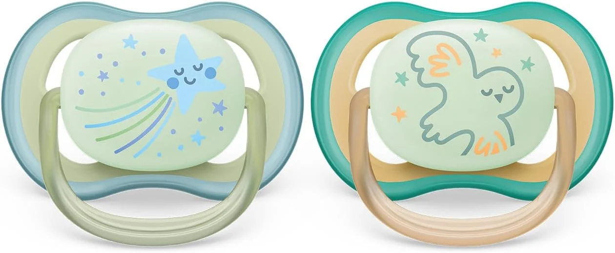 پستانک الترا ایر اونت فیلیپس - 2 عدد پستانک نوزاد سبک، قابل تنفس و شب‌تاب برای نوزادان 0 تا 6 ماهه، فاقد BPA با جعبه حمل استریل کننده (مدل SCF376/18)
