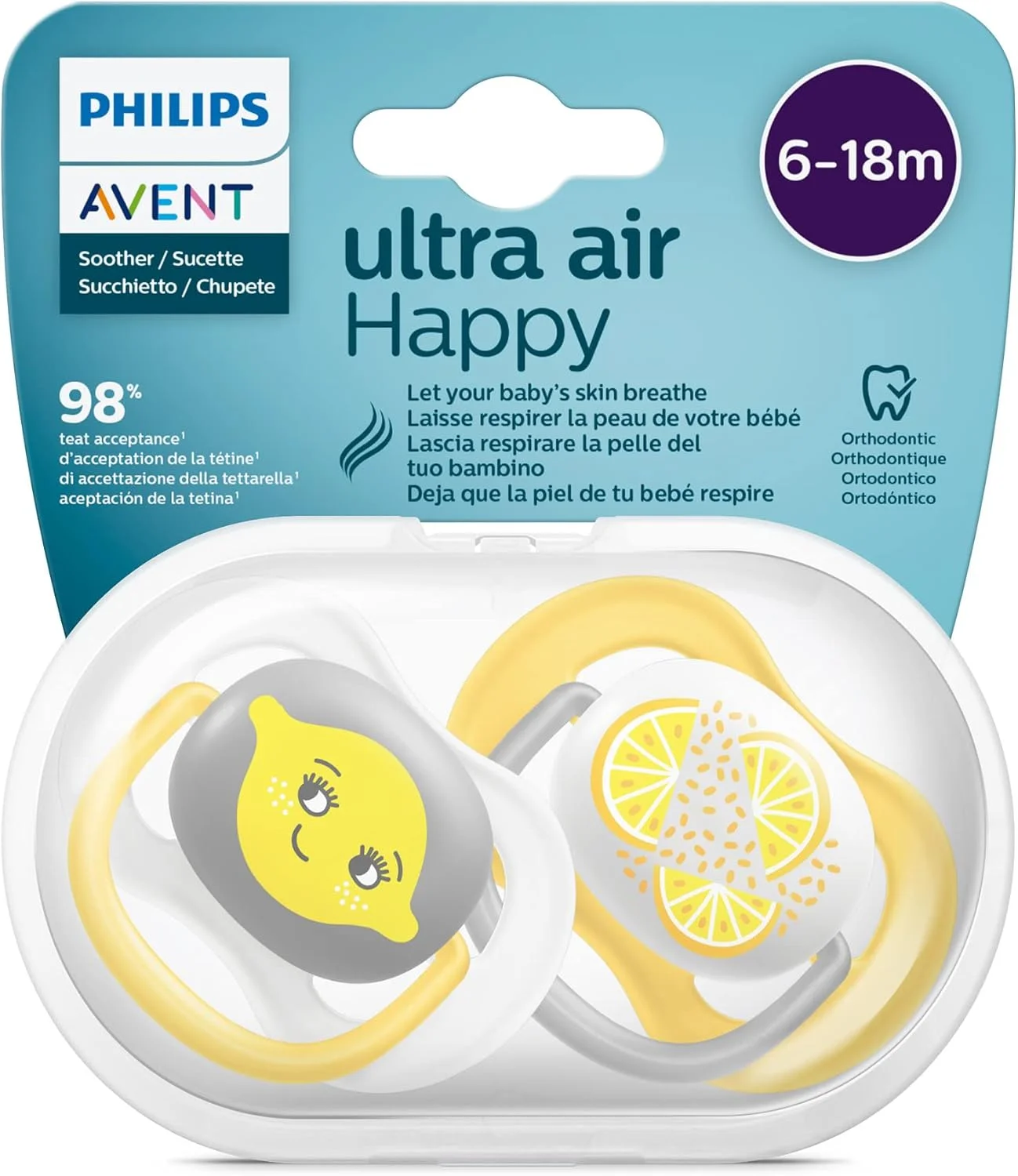 پستانک الترا ایر Philips Avent SCF080/18 مناسب 6-18 ماه، تنفسی، ارتودنسی، فاقد BPA، بسته دو عددی، لیمو/نارنجی