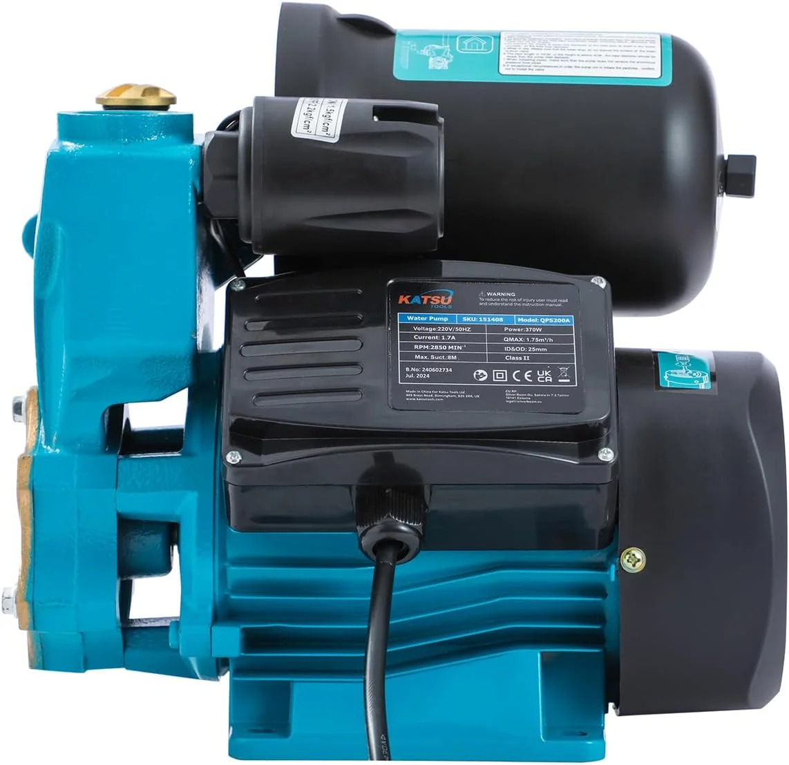 پمپ تقویت فشار آب کاتسو تولز، کنترل نیمه اتوماتیک فشار، خود مکش، 370 وات، مناسب برای مصارف خانگی، باغ، شیرهای آب، مدل 151408 پمپ تقویت فشار آب کاتسو تولز، کنترل نیمه اتوماتیک فشار، خود مکش، 370 وات، مناسب برای مصارف خانگی، باغ، شیرهای آب، مدل 151408