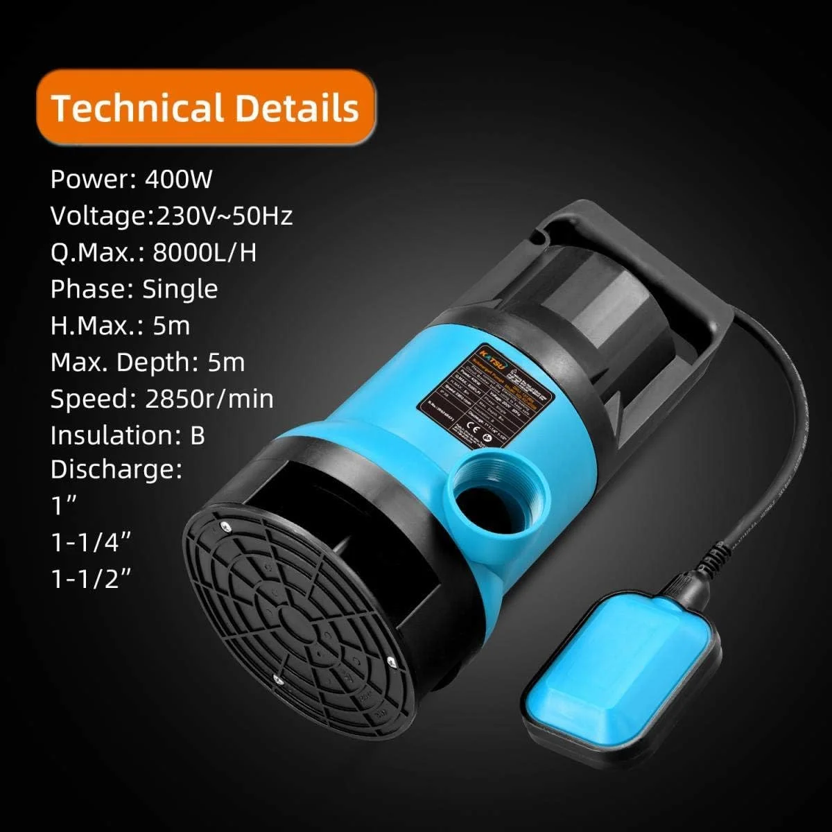 پمپ شناور قابل حمل 400 وات KATSU Tools برای آب تمیز و کثیف برای حوض باغ، استخرها و خندق ها + سوئیچ شناور