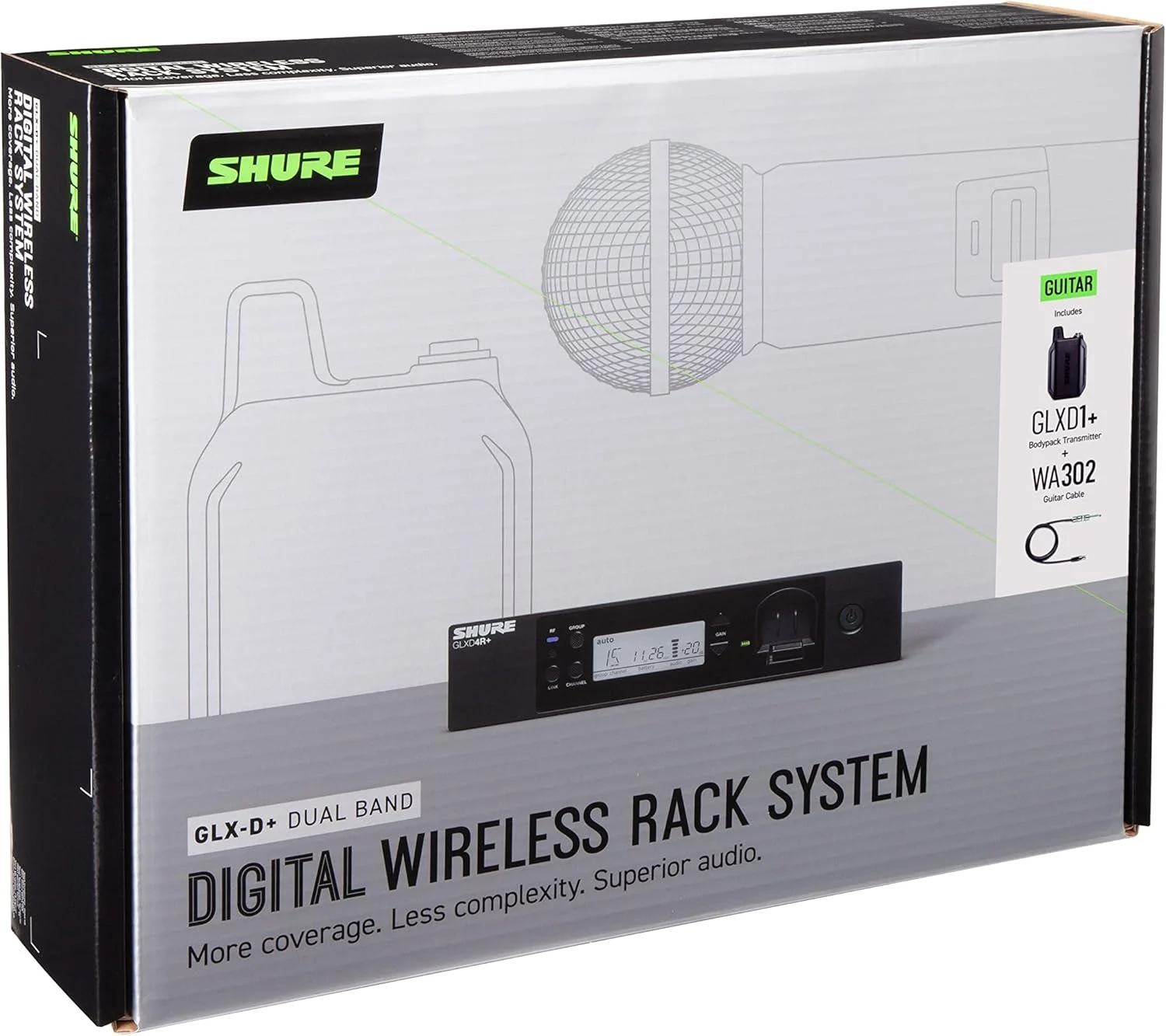 سیستم وایرلس دیجیتال حرفه ای دو بانده Shure GLXD14R+ برای گیتار و بیس - 12 ساعت عمر باتری، برد 30 متر | شامل کابل ساز 1/4 اینچی و گیرنده رک مونت تک کاناله (GLXD14R+-Z3) سیستم وایرلس دیجیتال حرفه ای دو بانده Shure GLXD14R+ برای گیتار و بیس - 12 ساعت عمر باتری، برد 30 متر | شامل کابل ساز 1/4 اینچی و گیرنده رک مونت تک کاناله (GLXD14R+-Z3)