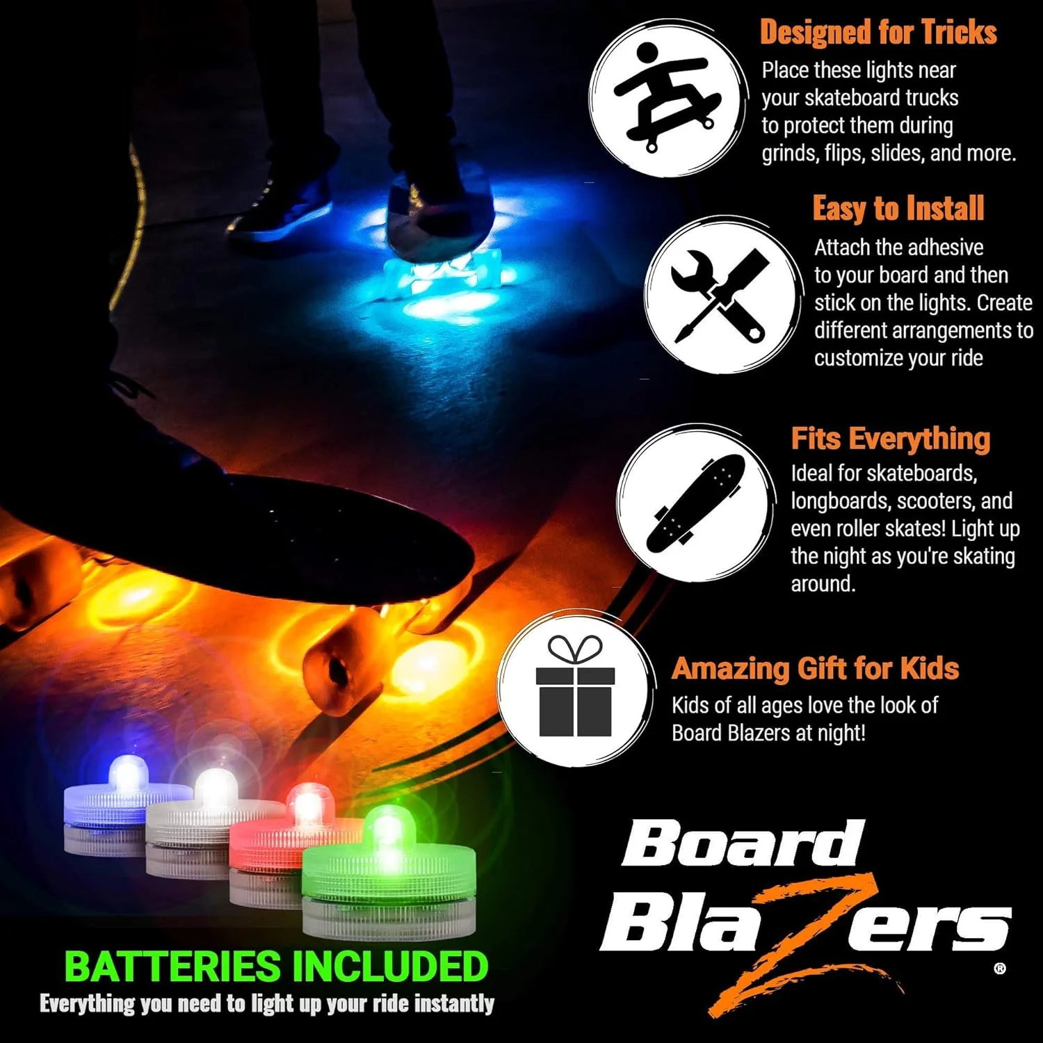 چراغ های LED زیر تخته اسکیت برد Board Blazers - هدیه ایده آل اسکیت برد - چراغ LED عالی برای لانگ برد یا اسکوتر، هدیه کریسمس عالی برای بچه ها