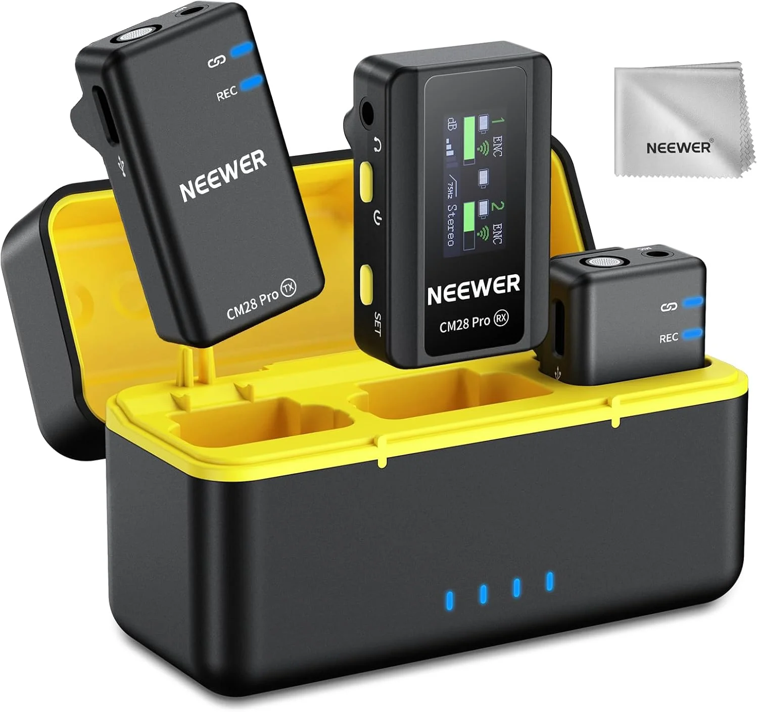 میکروفون یقه ای بی سیم NEEWER CM28 PRO به همراه جعبه شارژ و پارچه تمیز کننده، میکروفون کوچک ضد نویز 9 ساعته سازگار با آیفون، آیپد، USB C، تلفن اندروید، دوربین، کامپیوتر شخصی و لپ تاپ