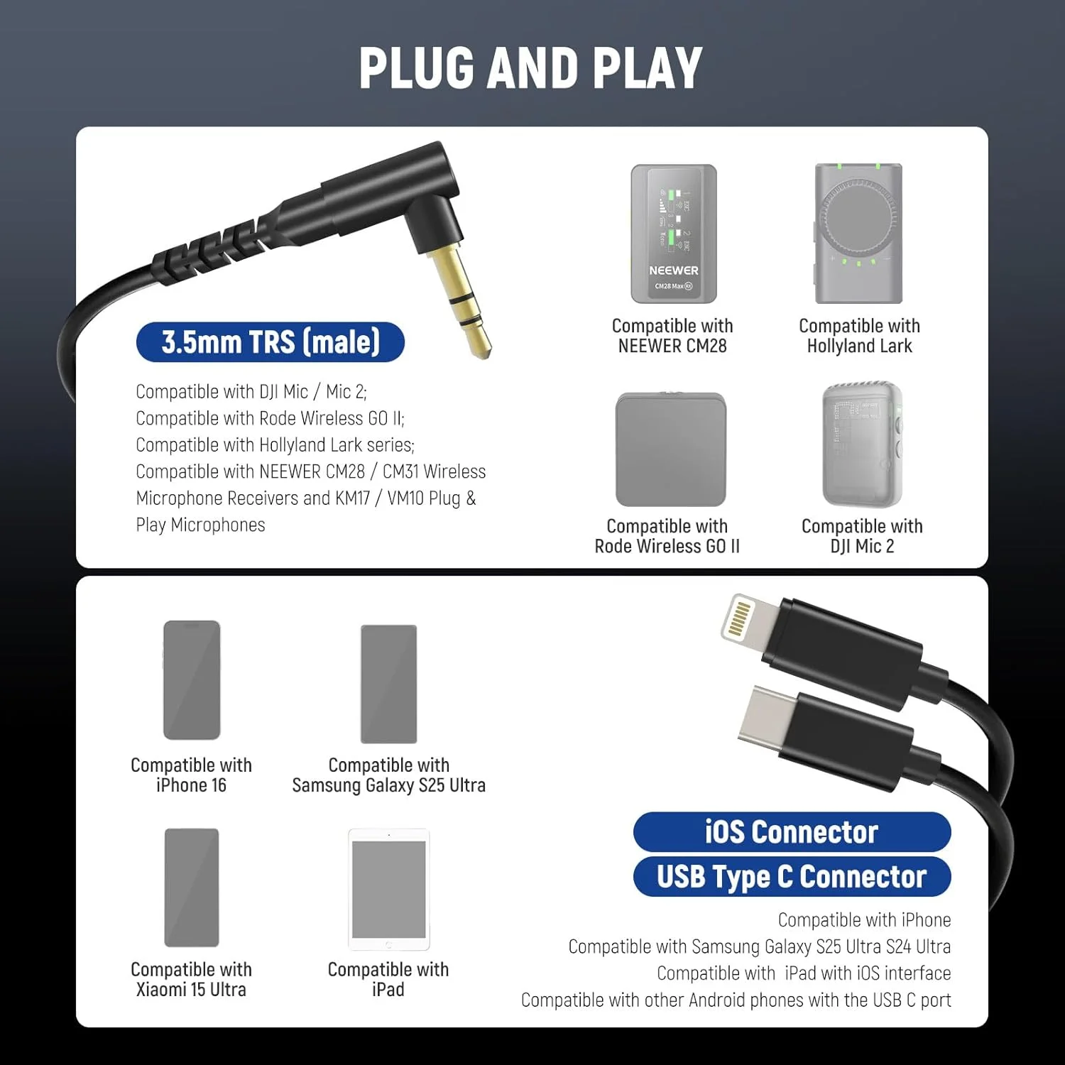 مجموعه 2 عددی کابل صوتی NEEWER، نر به نر 3.5 میلیمتری TRS به USB C + 3.5 میلیمتری TRS به iOS، سازگار با DJI Mic Rode Wireless GO II Hollyland CM28 CM31 میکروفون بیسیم iPhone iPad Android Mac، LM17 مجموعه 2 عددی کابل صوتی NEEWER، نر به نر 3.5 میلیمتری TRS به USB C + 3.5 میلیمتری TRS به iOS، سازگار با DJI Mic Rode Wireless GO II Hollyland CM28 CM31 میکروفون بیسیم iPhone iPad Android Mac، LM17