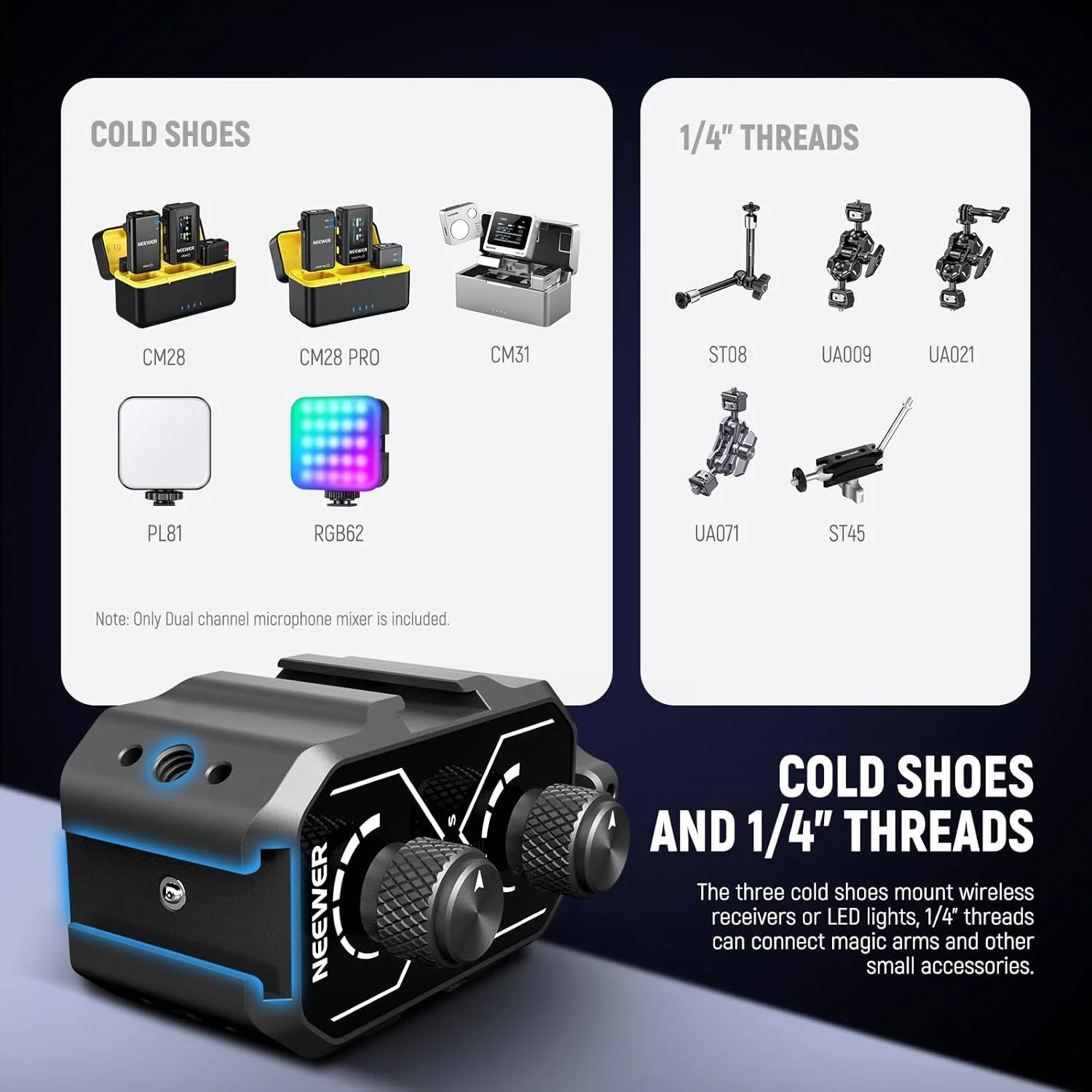 میکسر صوتی دو کاناله میکروفون NEEWER MM02 با کابل 3.5 میلی متری TRS، سوئیچ استریو و مونو، مانت کفشک سرد برای دوربین های DSLR، تلفن های هوشمند، گیرنده میکروفون بی سیم، ضبط ویدیو میکسر صوتی دو کاناله میکروفون NEEWER MM02 با کابل 3.5 میلی متری TRS، سوئیچ استریو و مونو، مانت کفشک سرد برای دوربین های DSLR، تلفن های هوشمند، گیرنده میکروفون بی سیم، ضبط ویدیو