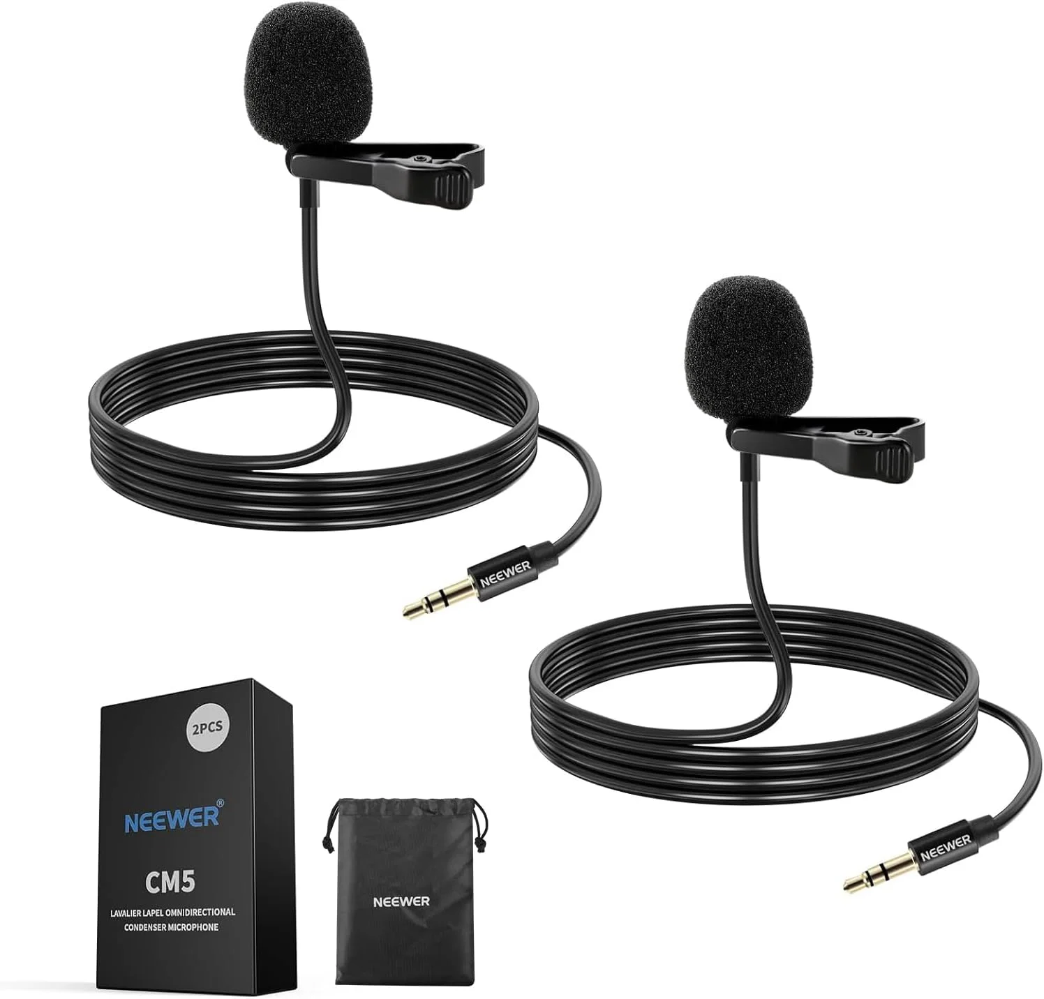 میکروفون یقه ای NEEWER (بسته 2 عددی)، میکروفون خازنی اومنی دایرکشنال سیم دار گیره ای برای استیج، یوتیوب، پخش زنده، سازگار با Rode Wireless GO II 2، فرستنده میکروفون بی سیم DJI، CM5