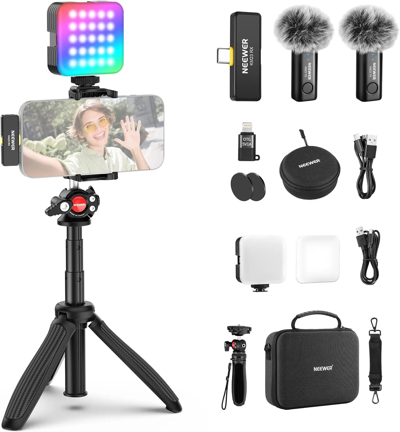 کیت ولاگینگ گوشی NEEWER با نور RGB LED / سیستم میکروفون بی سیم یقه ای / سه پایه سلفی استیک، لوازم ضروری تولید محتوا برای آیفون اندروید پادکست یوتیوب، PA048