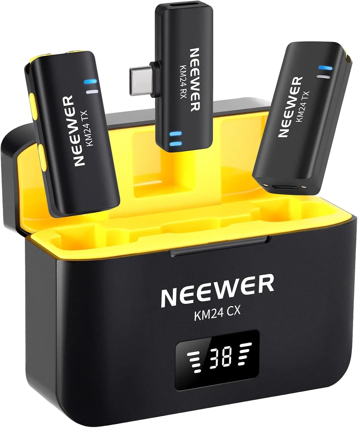 کیت میکروفون یقه ای بی سیم USB C نیور، میکروفون های دوگانه کندانسور با جعبه شارژ، میکروفون های یقه ای حذف نویز سازگار با سری iPhone 15 Samsung Android، KM24