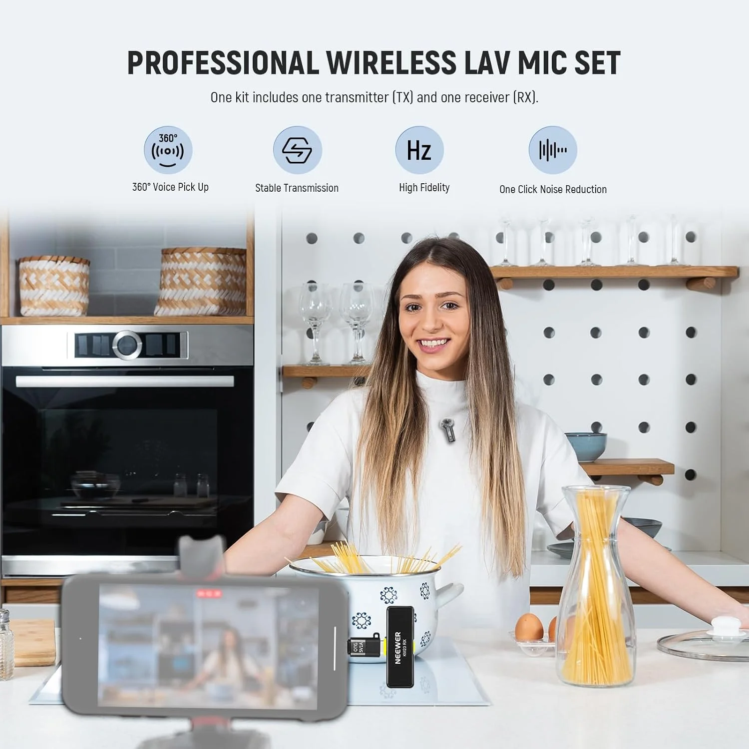 سیستم میکروفون یقه ای بی سیم NEEWER برای USB C، میکروفون کوچک یقه ای با قابلیت حذف نویز با یک کلیک برای وبلاگ نویسی و پخش زنده، میکروفون کندانسور همه جهته سازگار با آیفون 15 سامسونگ اندروید، KM23