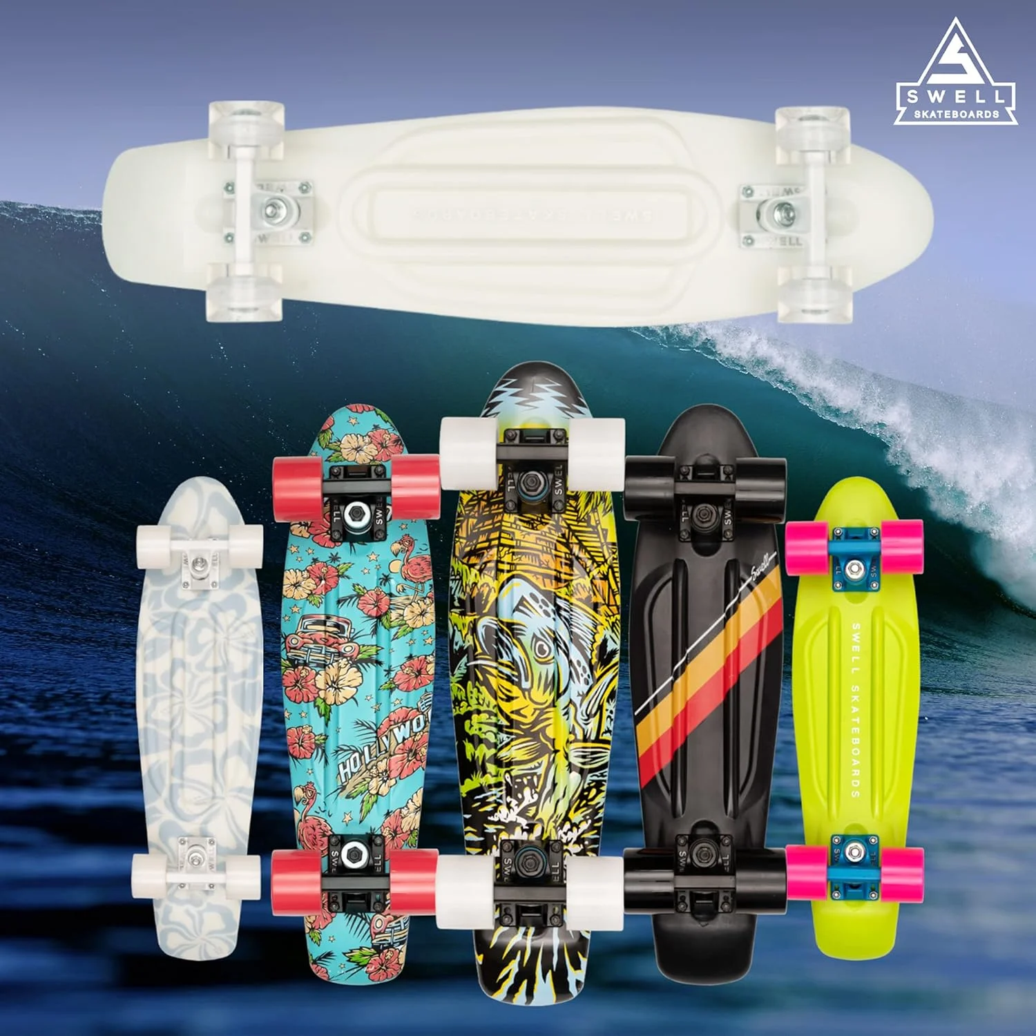 اسکیت برد کامل مینی کروزر پلاستیکی یکپارچه Swell Skateboards در اندازه های 22 و 28 اینچ برای مبتدیان، پسران، دختران، جوانان، نوجوانان، بزرگسالان و دانشجویان.