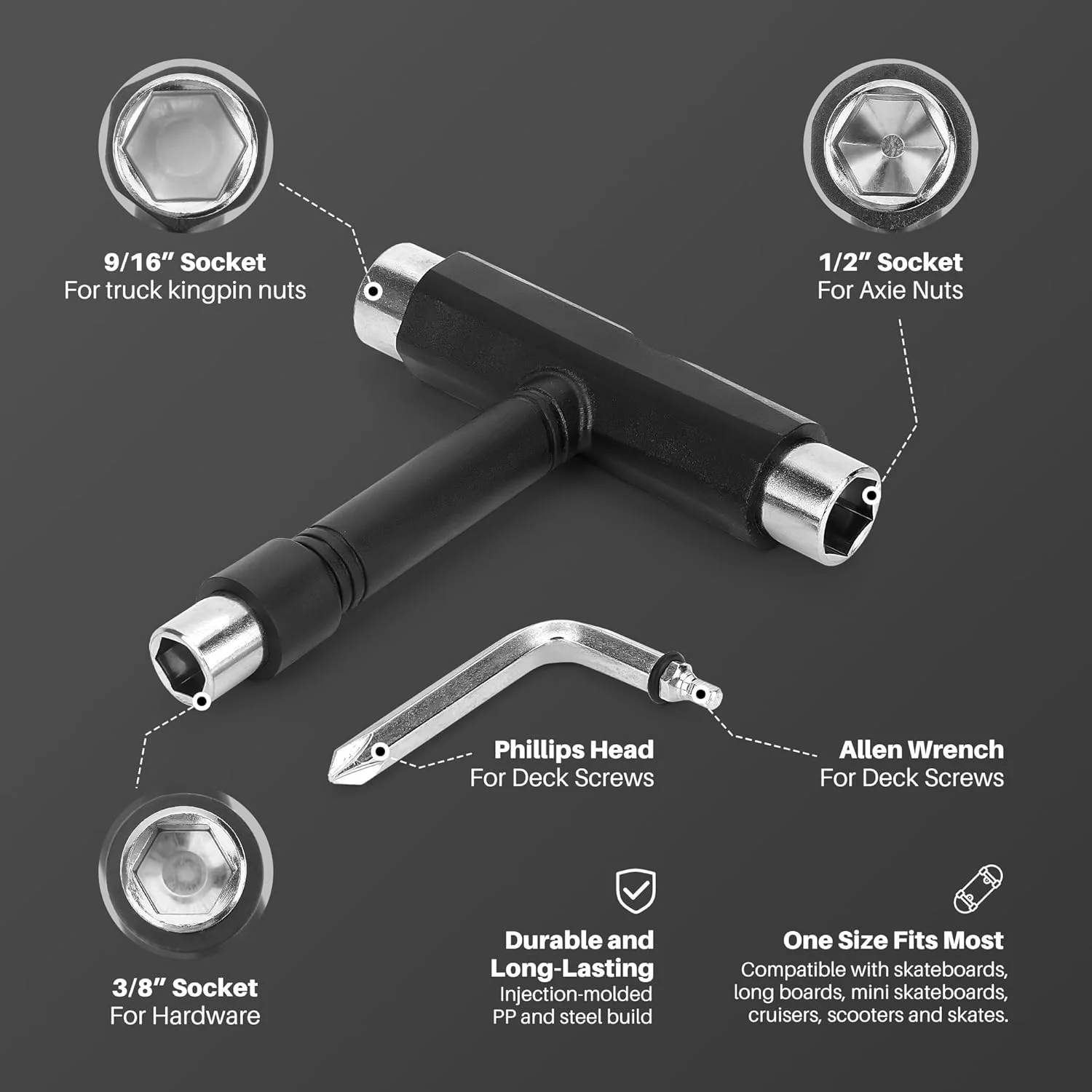 ابزار آچار اسکیت SWIUKPHE، آچار اسکیت بورد چند منظوره همه کاره، آچار T شکل قابل حمل 2 در 1 و پیچ گوشتی سر صلیبی نوع L داخلی، لوازم جانبی لانگ بورد