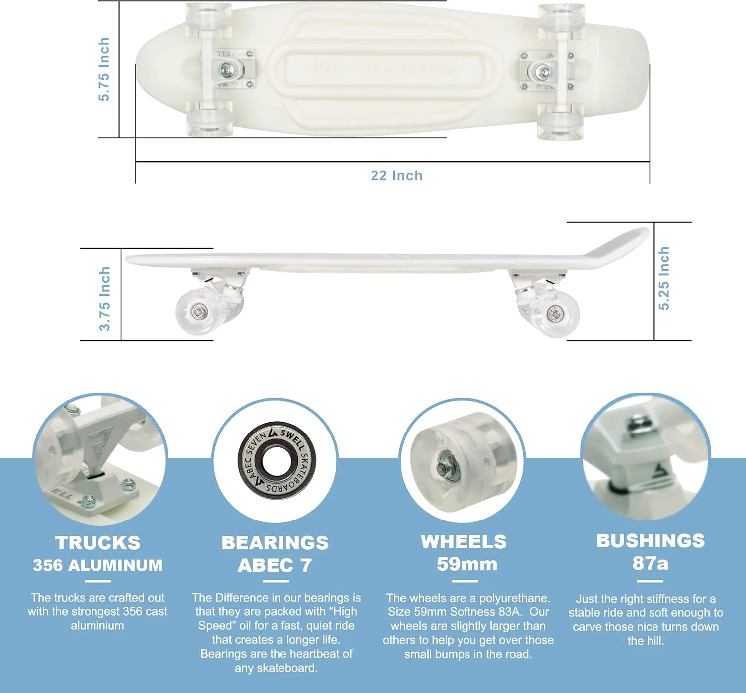 اسکیت برد کامل مینی کروزر پلاستیکی یکپارچه Swell Skateboards در اندازه های 22 و 28 اینچ برای مبتدیان، پسران، دختران، جوانان، نوجوانان، بزرگسالان و دانشجویان.