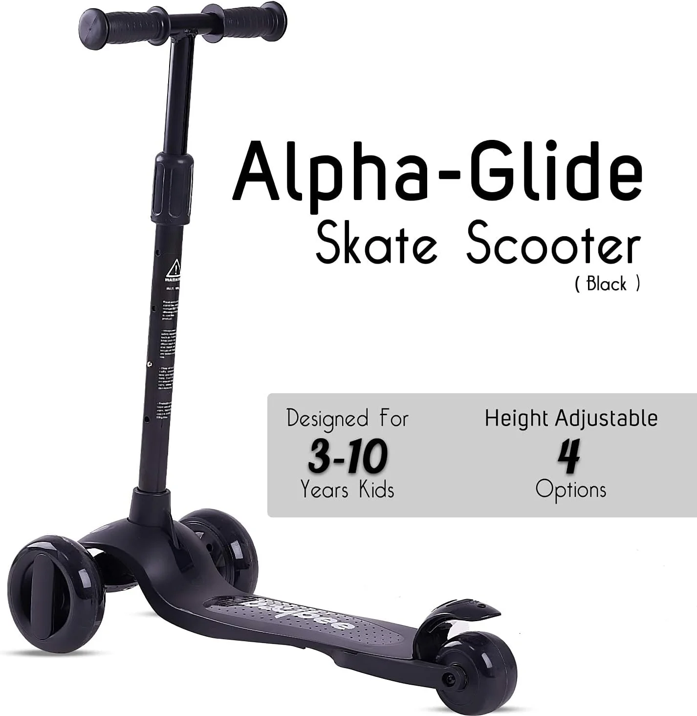 اسکوتر اسکیت Baybee Alpha-Glide برای کودکان، اسکوتر 3 چرخ کودکانه، اسکوتر ضربه ای با دسته تاشو و قابل تنظیم ارتفاع، چرخ های PU LED و ترمز، اسکوتر رانر برای کودکان 2 تا 10 سال