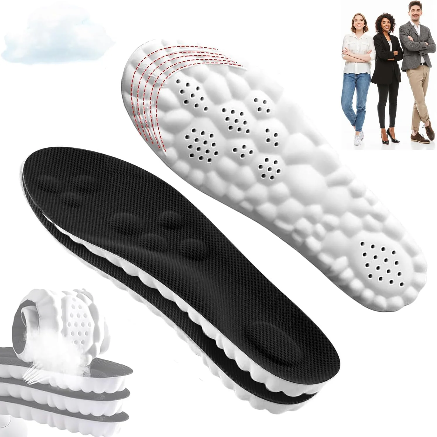 کفی ابری - کفی های فوم حافظه دار نرم برای مردان و زنان، کفی محافظت از پا با حس Cloudsole نرم، کفی های راحتی فوق العاده نرم 4D، کفی کفش ورزشی (مشکی، مردانه 4-4.5/زنانه 5.5-6)