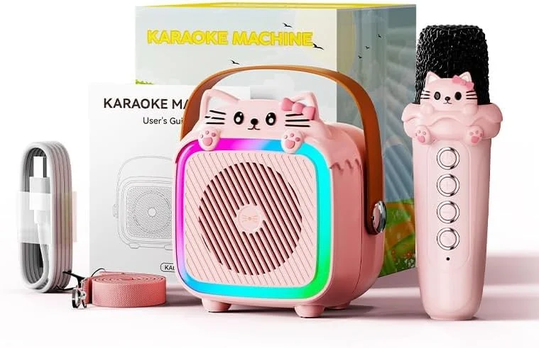 دستگاه کارائوکه KASTWAVE، اسپیکر بلوتوث قابل حمل با 2 میکروفون بی سیم، سازگار با تمام تلفن های هوشمند، هدیه اسباب بازی برای جشن تولد 3-12 سال و مهمانی کریسمس - صورتی