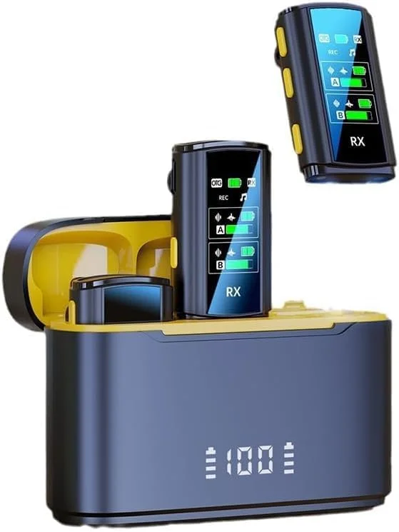 میکروفون یقه ای بی سیم، میکروفون دوگانه گیره ای با جعبه شارژ نمایشگر دیجیتال، میکروفون بی سیم کوچک Plug and Play با کاهش نویز برای آیفون، اندروید، دوربین، ویدیو، یوتیوب، TikTok