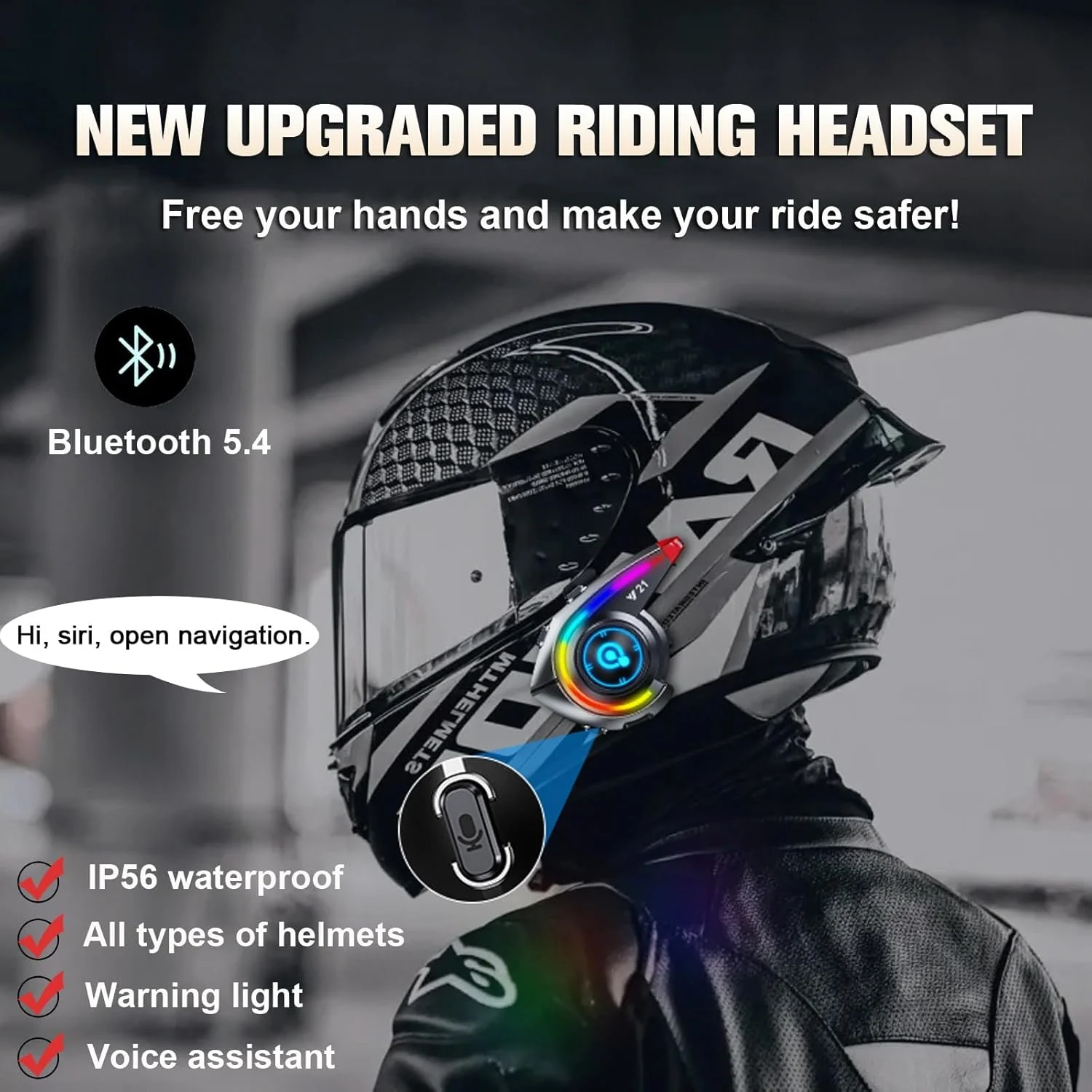 هدست کلاه ایمنی موتور سیکلت، میکروفون 2 در 1، هدفون بی سیم ضد آب IP56، بلندگوهای حذف نویز برای سواری، اسکی، دوچرخه سواری، موسیقی و تماس