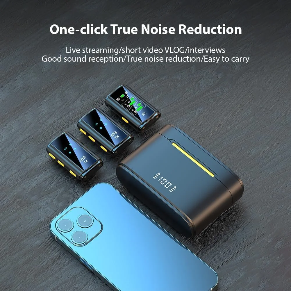 میکروفون یقه ای بی سیم، میکروفون دوگانه گیره ای با جعبه شارژ نمایشگر دیجیتال، میکروفون بی سیم کوچک Plug and Play با کاهش نویز برای آیفون، اندروید، دوربین، ویدیو، یوتیوب، TikTok