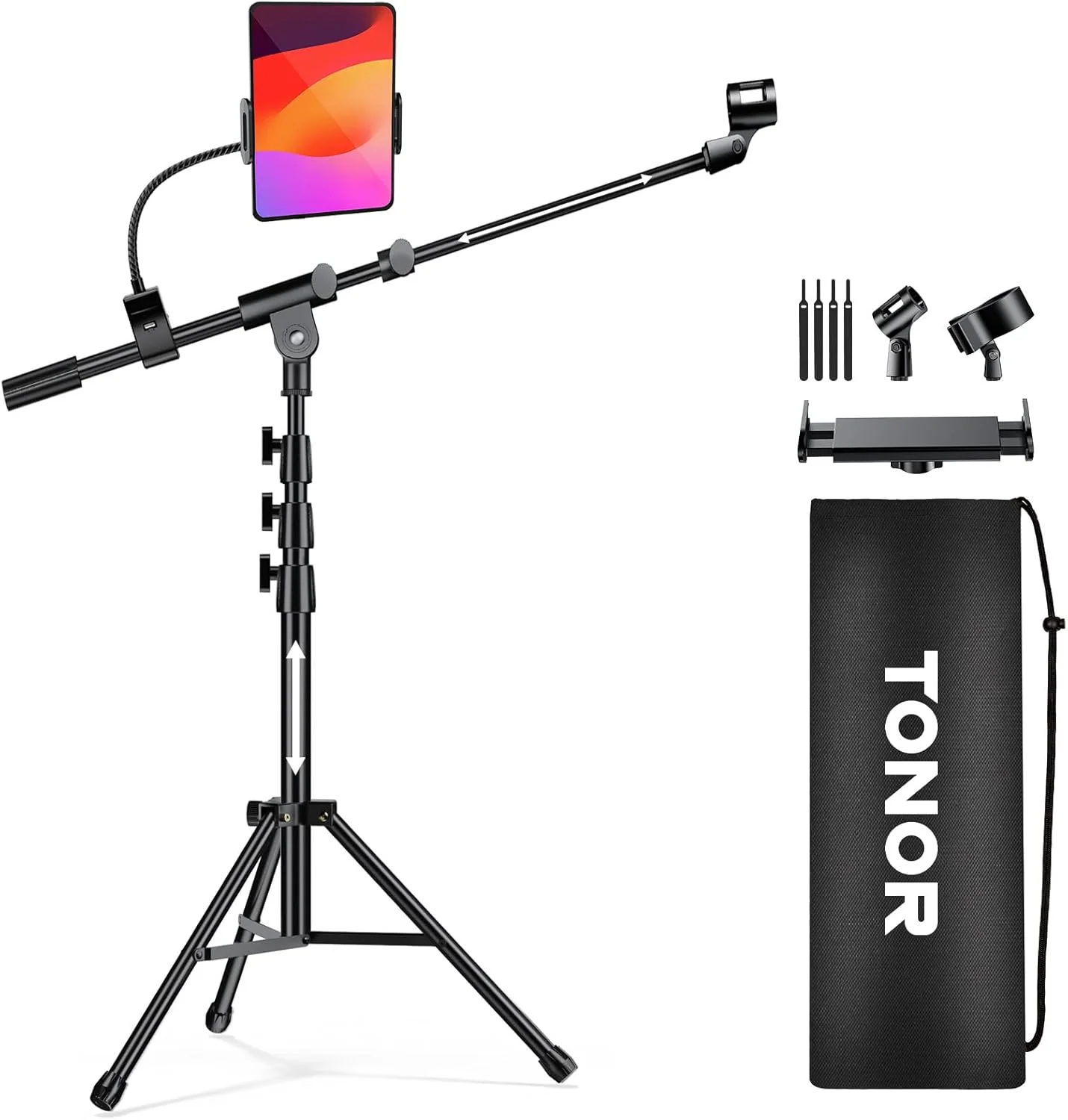 پایه میکروفون TONOR با نگهدارنده تبلت، بازوی بوم سه پایه برای کف، ارتفاع و زاویه قابل تنظیم، پایه سنگین با کیف حمل، گیره تلفن و آیپد، سازگار با Blue Yeti، Shure SM58، T35