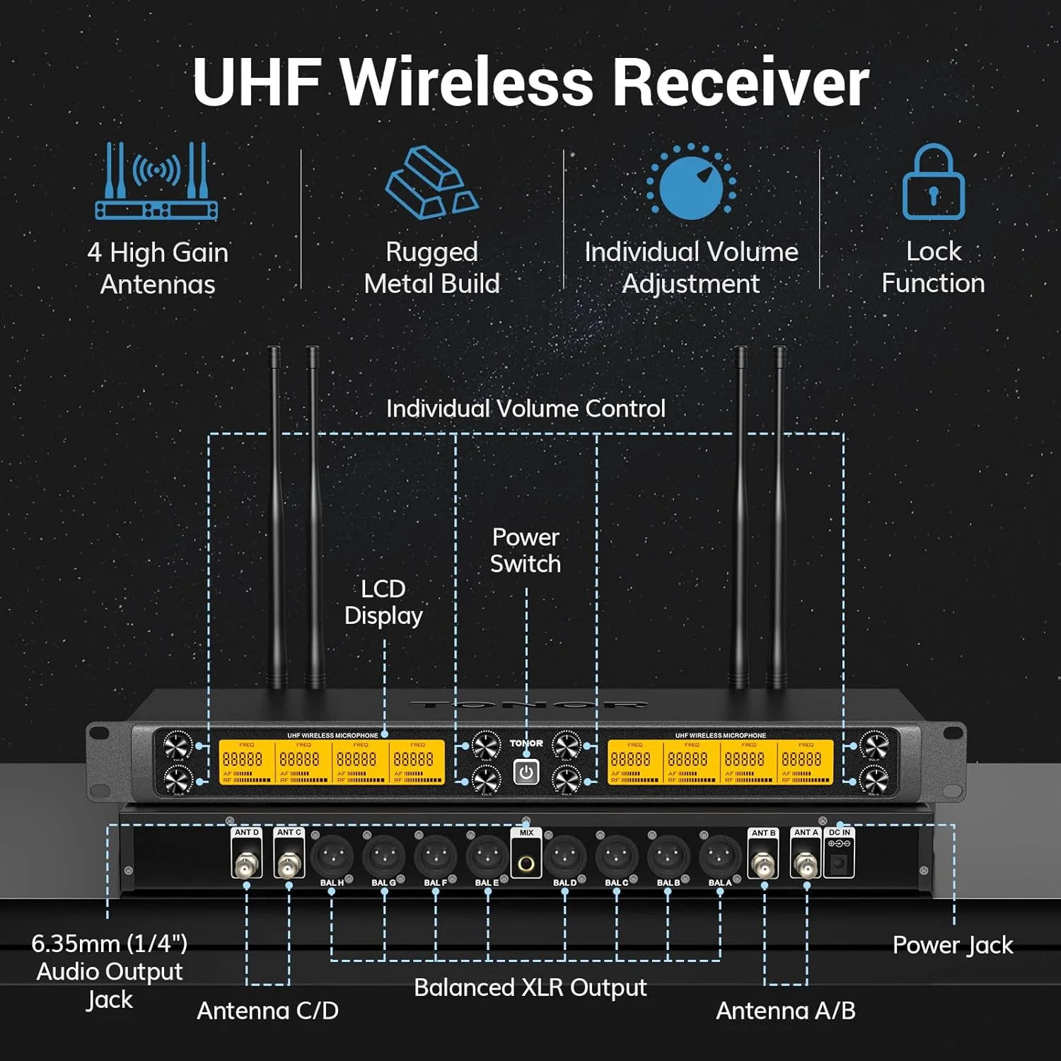 سیستم میکروفون بی سیم TONOR، میکروفون بی سیم UHF 12 کاناله، 8 میکروفون دستی فلزی دینامیک با گیرنده، برد 295 فوت، 8x12 فرکانس UHF، قطع صدا میکروفون، ایده آل برای آواز خواندن در کلیسا، کارائوکه، تمرین TW880