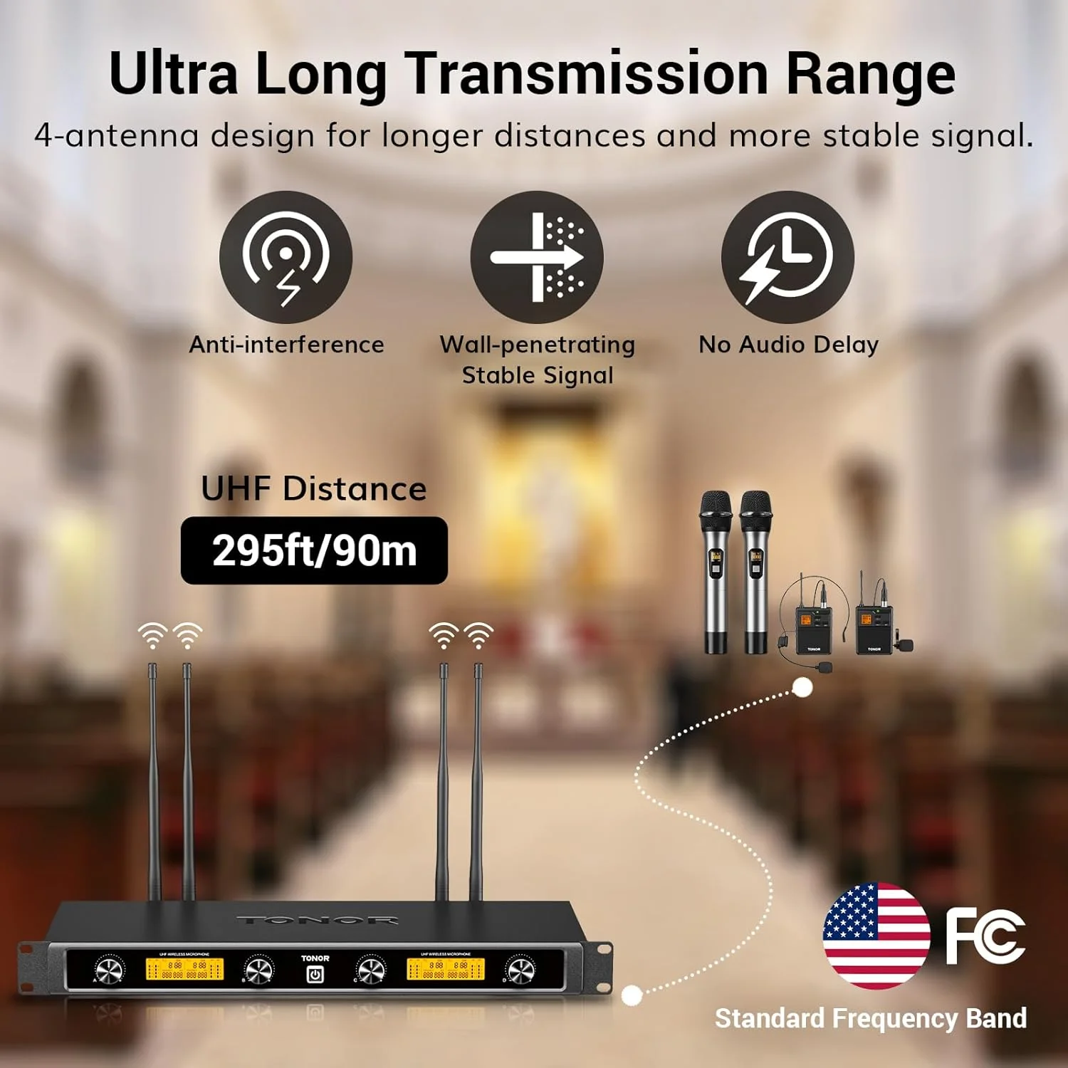 ست میکروفون بی سیم 4 کانال UHF تونور با میکروفون دستی/فرستنده Bodypack/میکروفون بی سیم هدست/میکروفون های یقه ای Lavalier، 4x5 فرکانس برد 90 متری میکروفون بی سیم برای آواز، کارائوکه