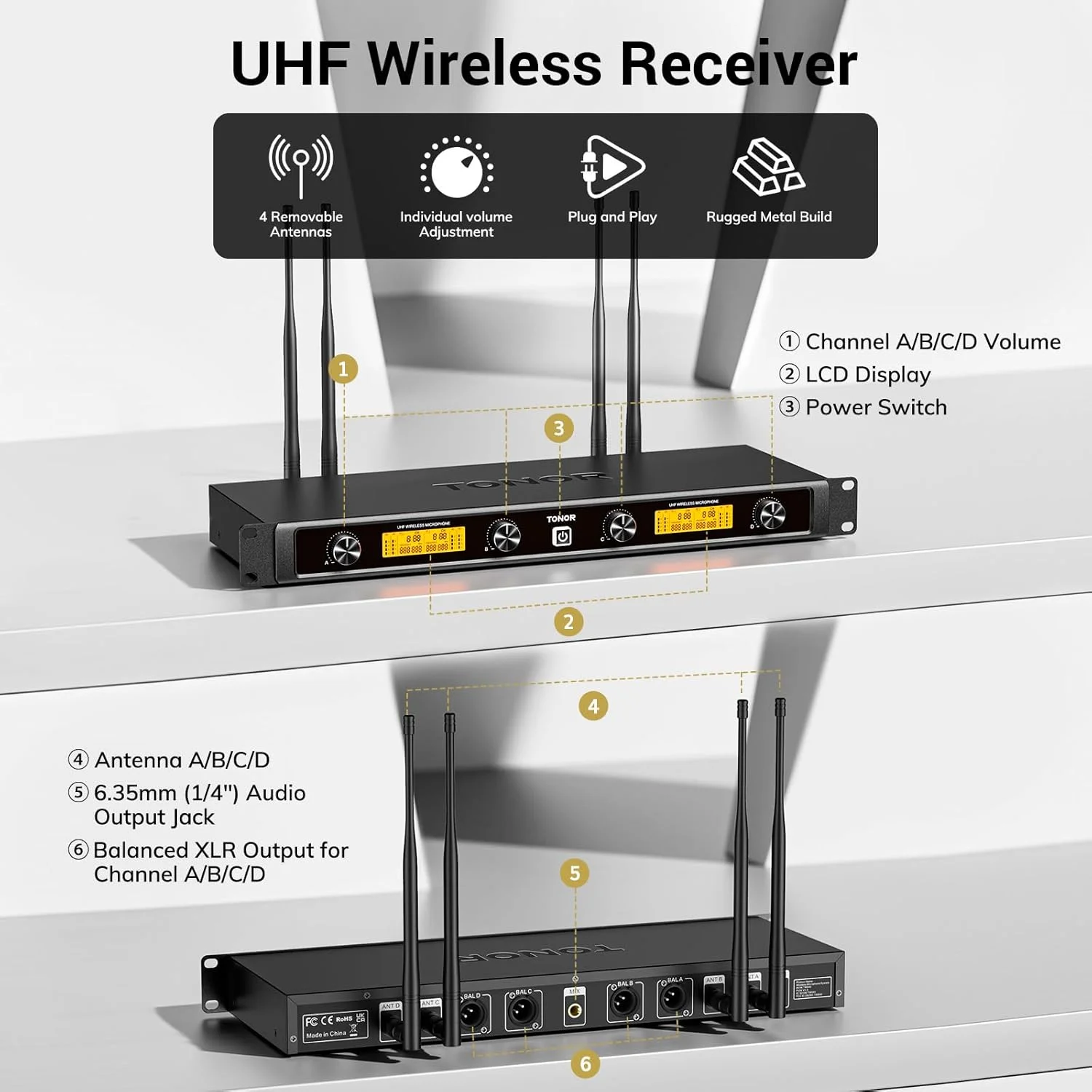 سیستم میکروفون بی سیم با 4 کانال فلزی بی سیم 5، تونور با 4 آنتن برای محدوده UHF 90 متری، میکروفون با انتقال سیگنال پایدار برای آواز خواندن، مهمانی، کلیسا، کارائوکه، نقره ای سیستم میکروفون بی سیم با 4 کانال فلزی بی سیم 5، تونور با 4 آنتن برای محدوده UHF 90 متری، میکروفون با انتقال سیگنال پایدار برای آواز خواندن، مهمانی، کلیسا، کارائوکه، نقره ای