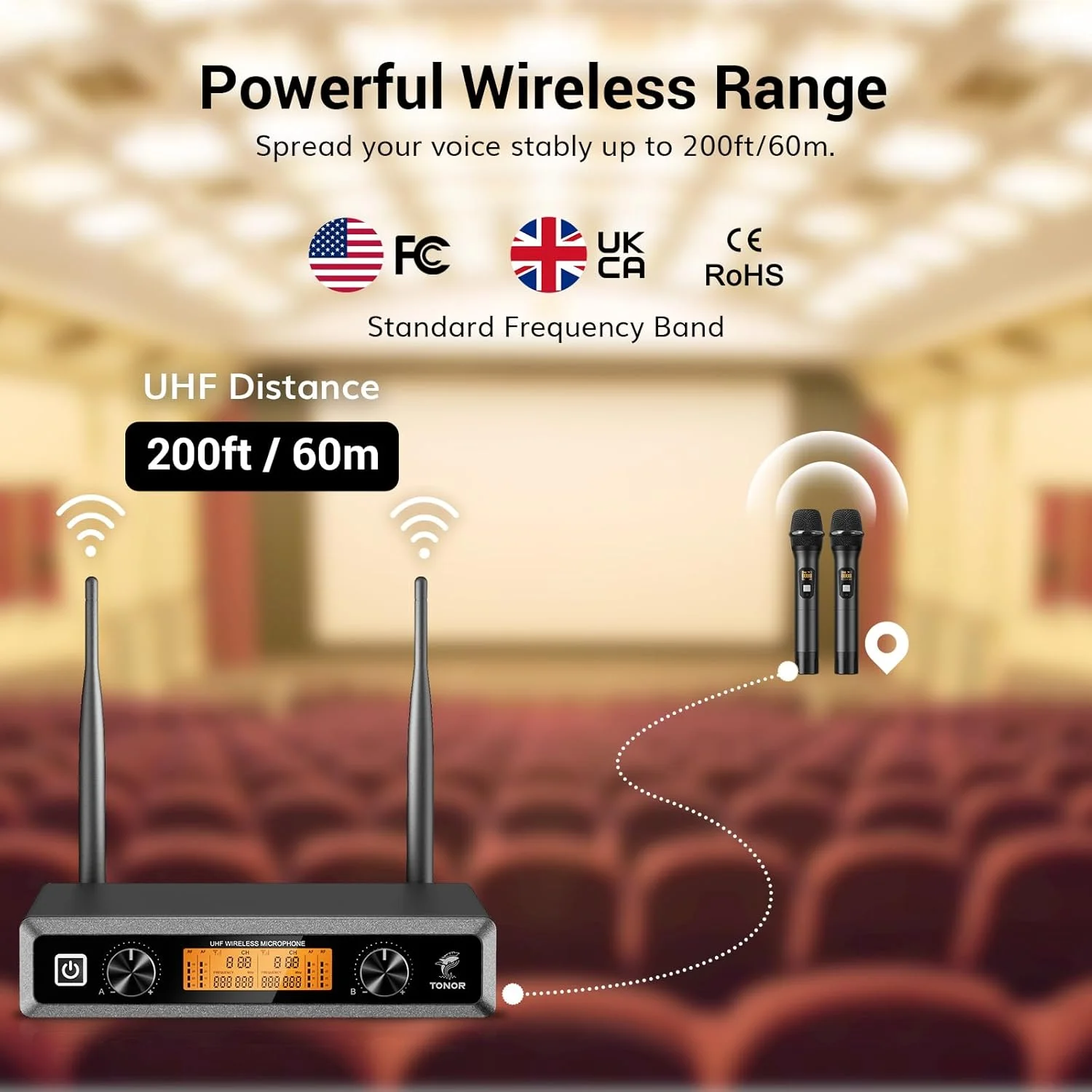 میکروفون بی سیم دوگانه TONOR، سیستم میکروفون بی سیم دستی حرفه ای UHF KTV خانگی برای کارائوکه، دی جی، مهمانی، 60 متر، TW820، مشکی
