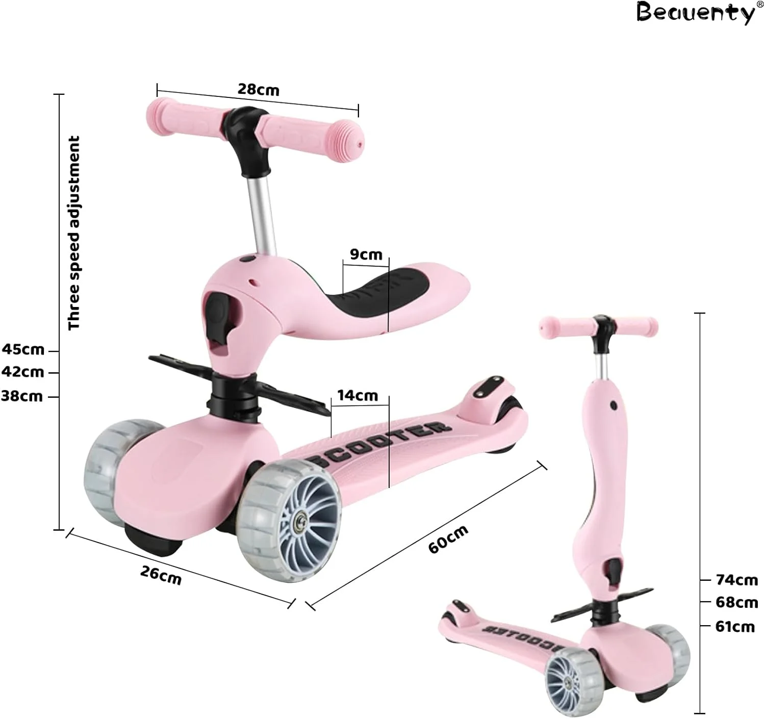 اسکوتر 2 در 1 کودکانه Beauenty، اسکوتر نشسته با چرخ های چشمک زن برای نوزادان، کودکان نوپا و کودکان 1-2-3-8 ساله، اسکوتر با قابلیت تنظیم ارتفاع برای کودکان با چرخ های PU