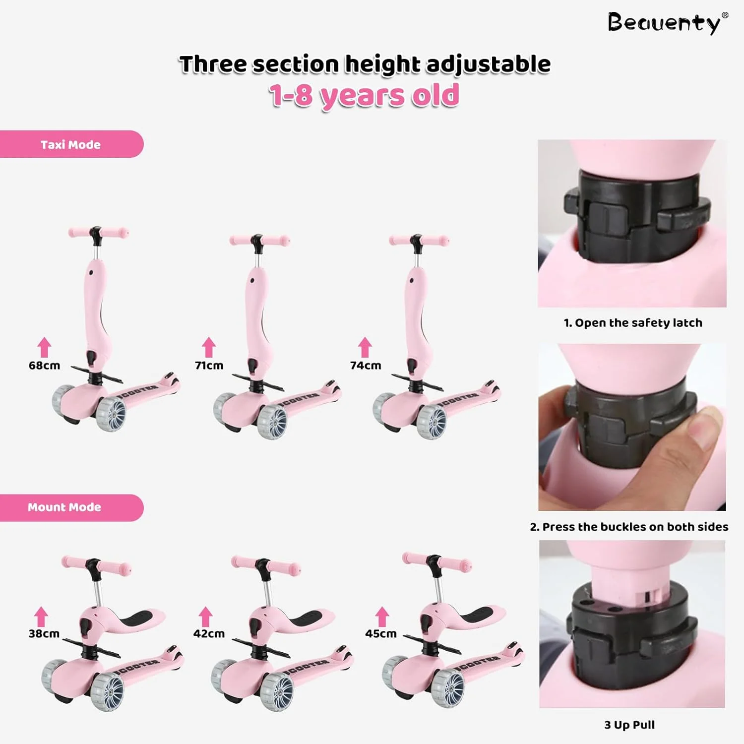اسکوتر 2 در 1 کودکانه Beauenty، اسکوتر نشسته با چرخ های چشمک زن برای نوزادان، کودکان نوپا و کودکان 1-2-3-8 ساله، اسکوتر با قابلیت تنظیم ارتفاع برای کودکان با چرخ های PU