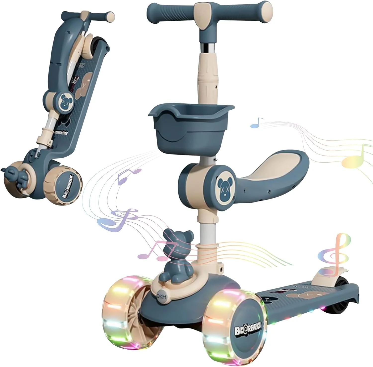 اسکوتر 2 در 1 کودکانه Beauenty برای سنین 3-12 سال با فرمان قابل تنظیم، طراحی مثلثی پایدار، چرخ های فلاش، و ویژگی تاشو - گزینه های نشسته و ایستاده، و چراغ های رنگارنگ و موسیقی