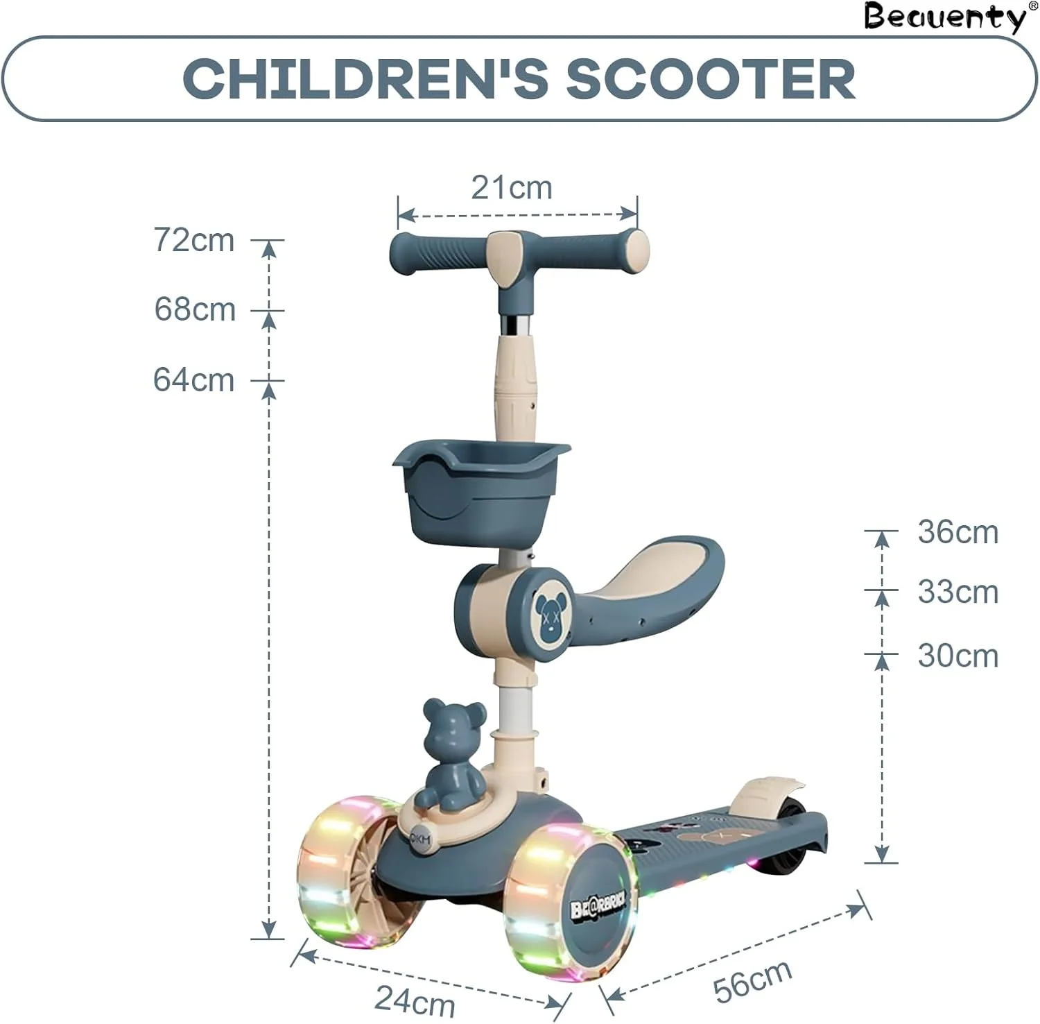 اسکوتر 2 در 1 کودکانه Beauenty برای سنین 3-12 سال با فرمان قابل تنظیم، طراحی مثلثی پایدار، چرخ های فلاش، و ویژگی تاشو - گزینه های نشسته و ایستاده، و چراغ های رنگارنگ و موسیقی