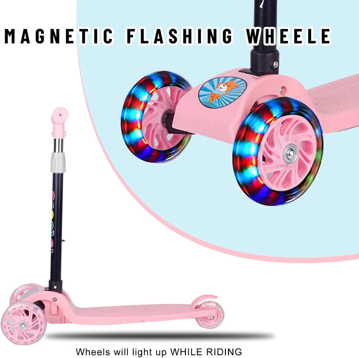 اسکوتر 3 چرخ تاشو کودکانه Beauenty، اسکوتر کودک نوپا با چرخ های LED روشن، ارتفاع قابل تنظیم و بهترین هدیه برای کودکان (صورتی)