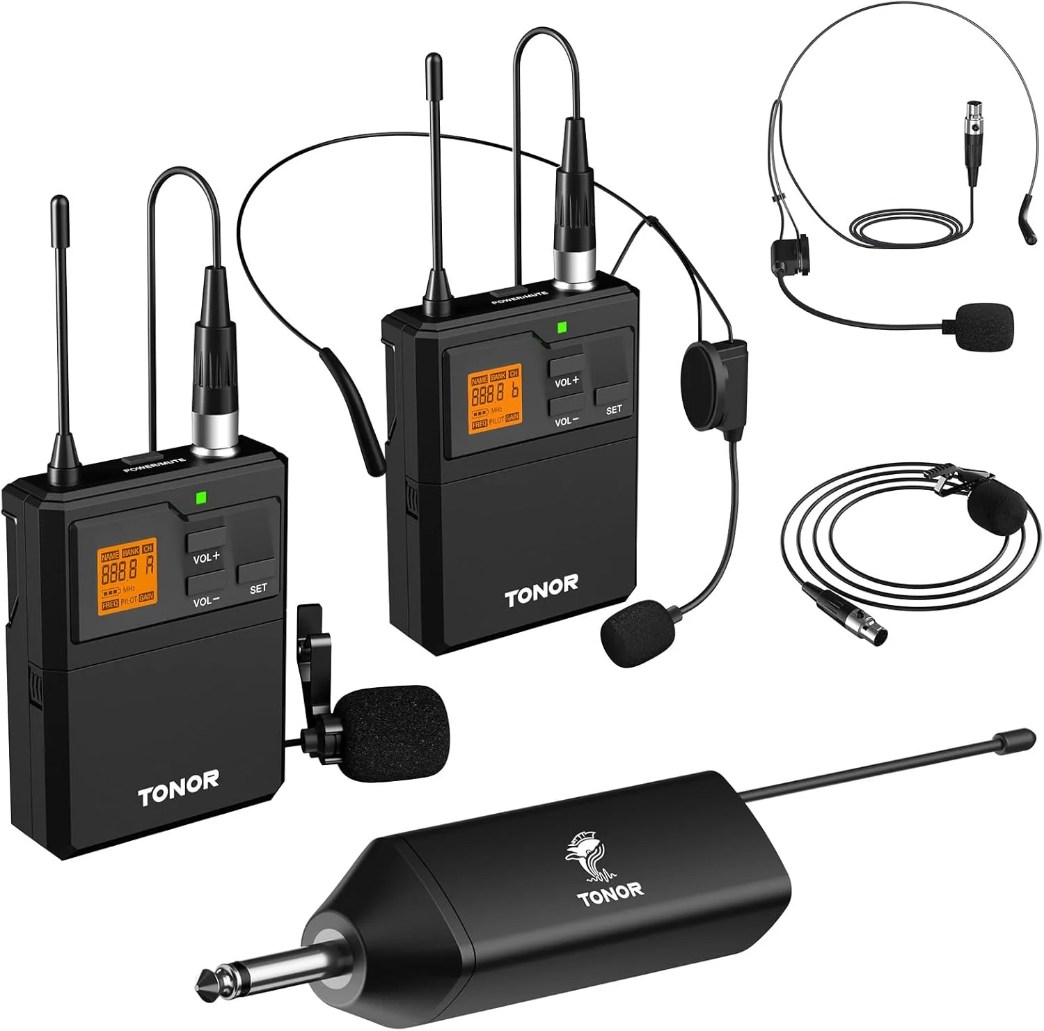 سیستم میکروفون بی سیم UHF تونور با دو میکروفون هدست/میکروفون یقه ای لاوالیر، فرستنده های Bodypack، گیرنده مینی قابل شارژ، 2x15 کانال برد 200 فوت، برای ضبط سخنرانی بلندگوی PA