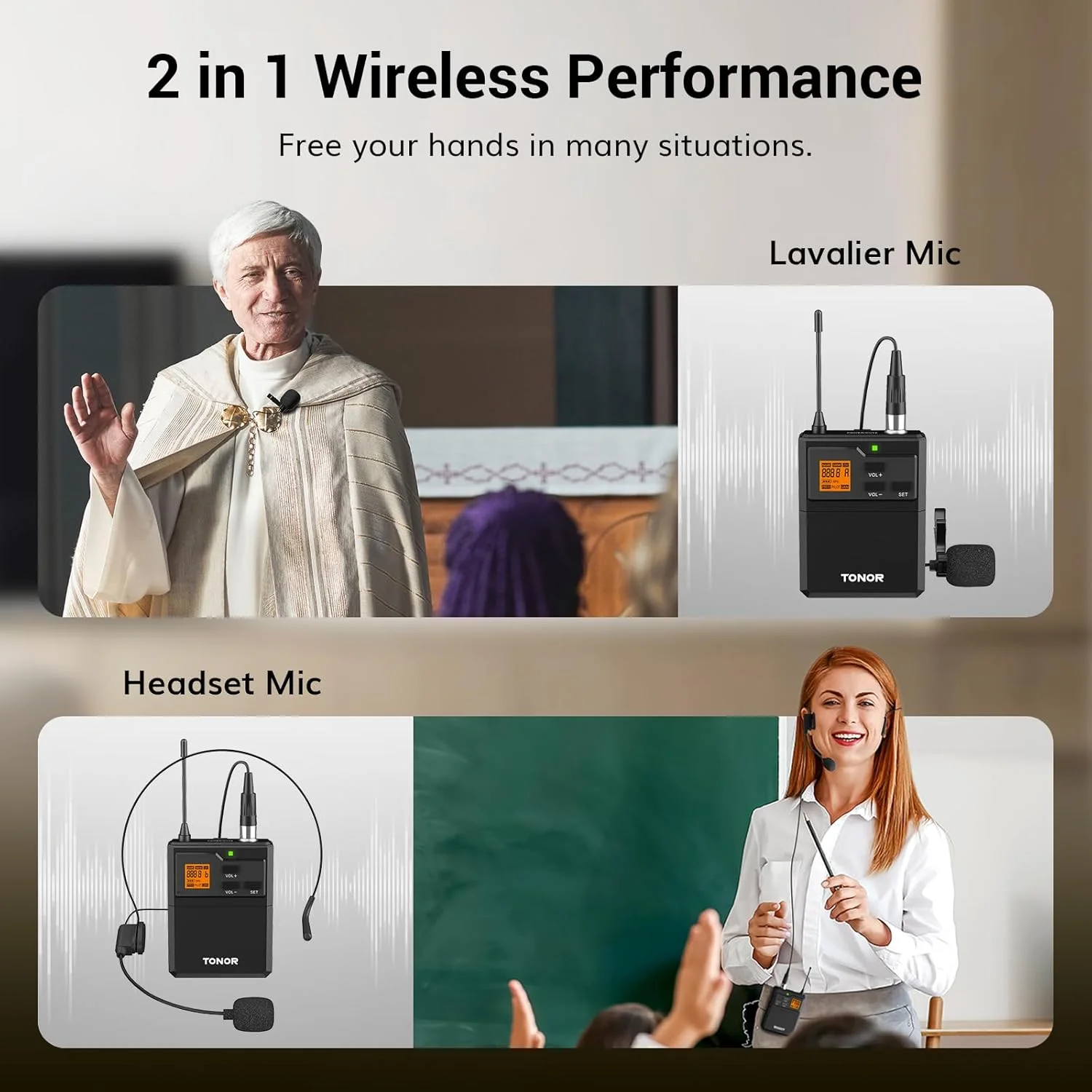 سیستم میکروفون بی سیم UHF تونور با دو میکروفون هدست/میکروفون یقه ای لاوالیر، فرستنده های Bodypack، گیرنده مینی قابل شارژ، 2x15 کانال برد 200 فوت، برای ضبط سخنرانی بلندگوی PA سیستم میکروفون بی سیم UHF تونور با دو میکروفون هدست/میکروفون یقه ای لاوالیر، فرستنده های Bodypack، گیرنده مینی قابل شارژ، 2x15 کانال برد 200 فوت، برای ضبط سخنرانی بلندگوی PA