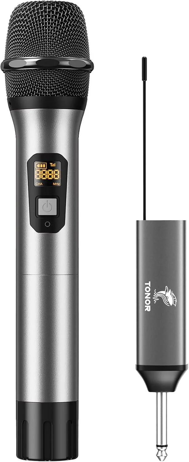 میکروفون بی سیم TONOR، سیستم میکروفون دستی بلوتوثی فلزی UHF با گیرنده قابل شارژ، برای کارائوکه، آواز خواندن، مهمانی، عروسی، دی جی، سخنرانی، 200 فوت (TW-620)