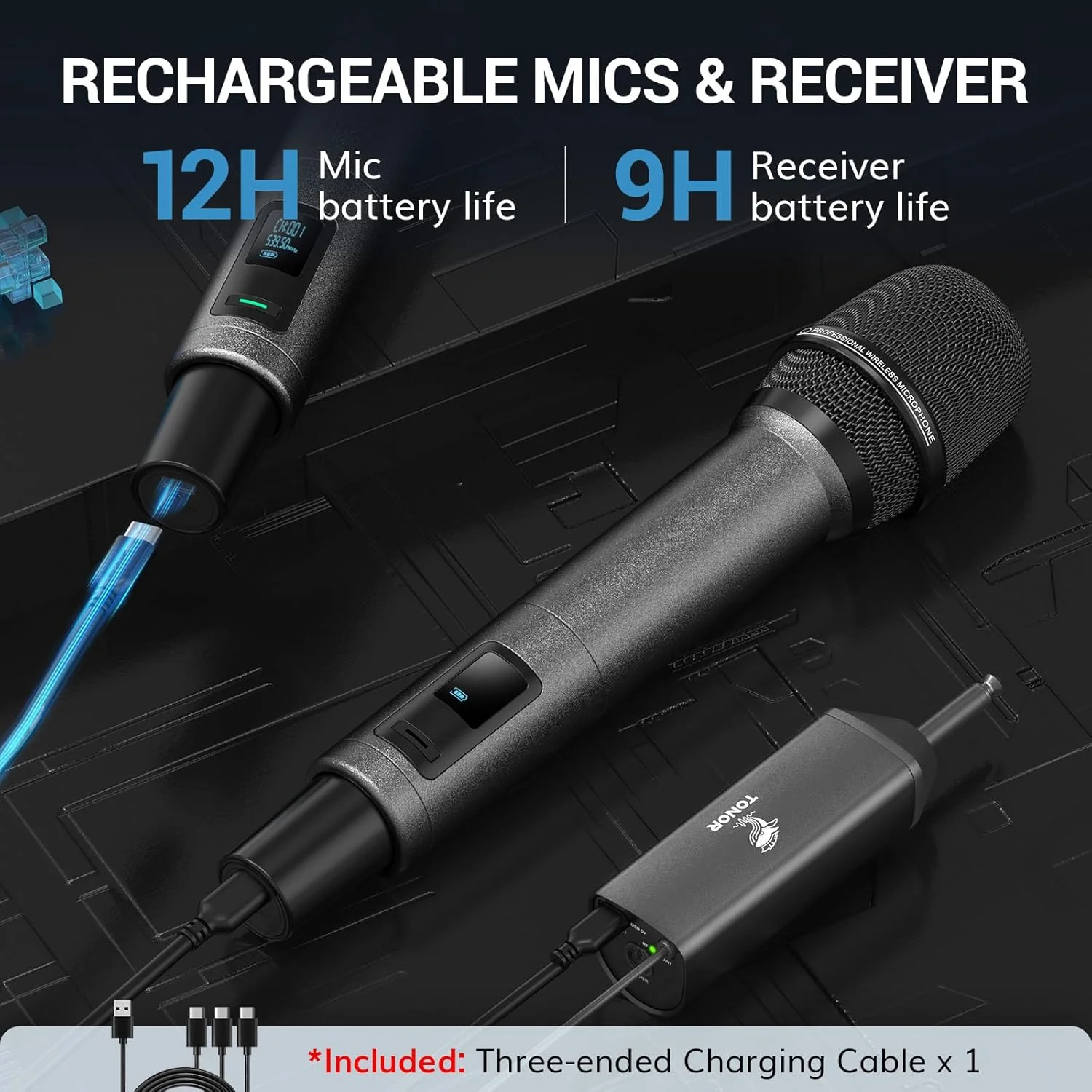 میکروفون های بی سیم TONOR، میکروفون کارائوکه بی سیم قابل شارژ UHF، میکروفون های حرفه ای دینامیک 2x20 کانال برای آواز خواندن کلیسا عروسی با حجم قابل تنظیم، بی صدا کردن سریع، 262 فوت TW520 میکروفون های بی سیم TONOR، میکروفون کارائوکه بی سیم قابل شارژ UHF، میکروفون های حرفه ای دینامیک 2x20 کانال برای آواز خواندن کلیسا عروسی با حجم قابل تنظیم، بی صدا کردن سریع، 262 فوت TW520
