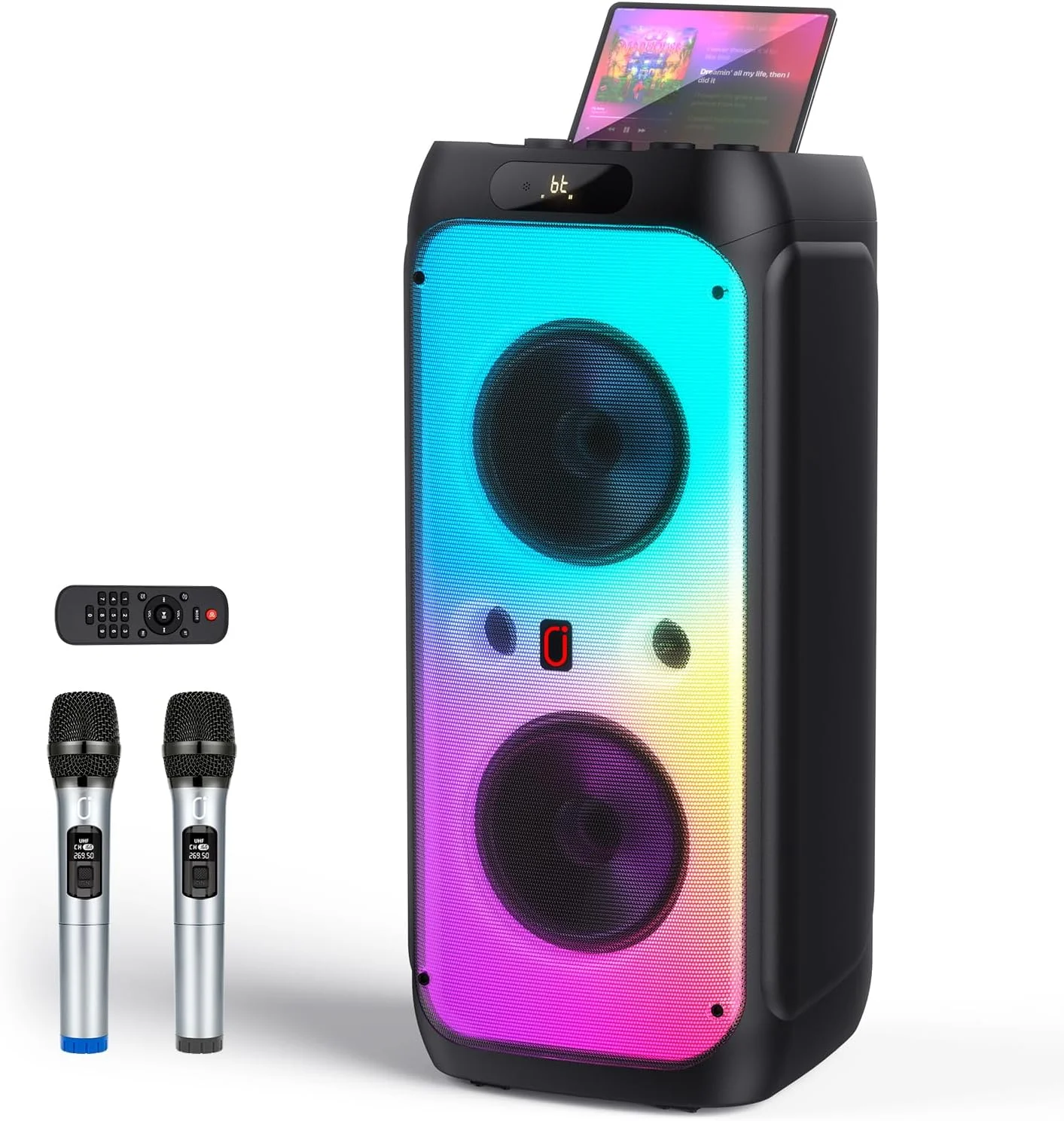 دستگاه کارائوکه JYX با 2 میکروفون بی سیم برای بزرگسالان، اسپیکر بلوتوث قابل حمل با چراغ های دیسکو برای دورهمی ها، پشتیبانی از TWS، AUX In، FM، REC، مناسب برای مهمانی های فضای باز