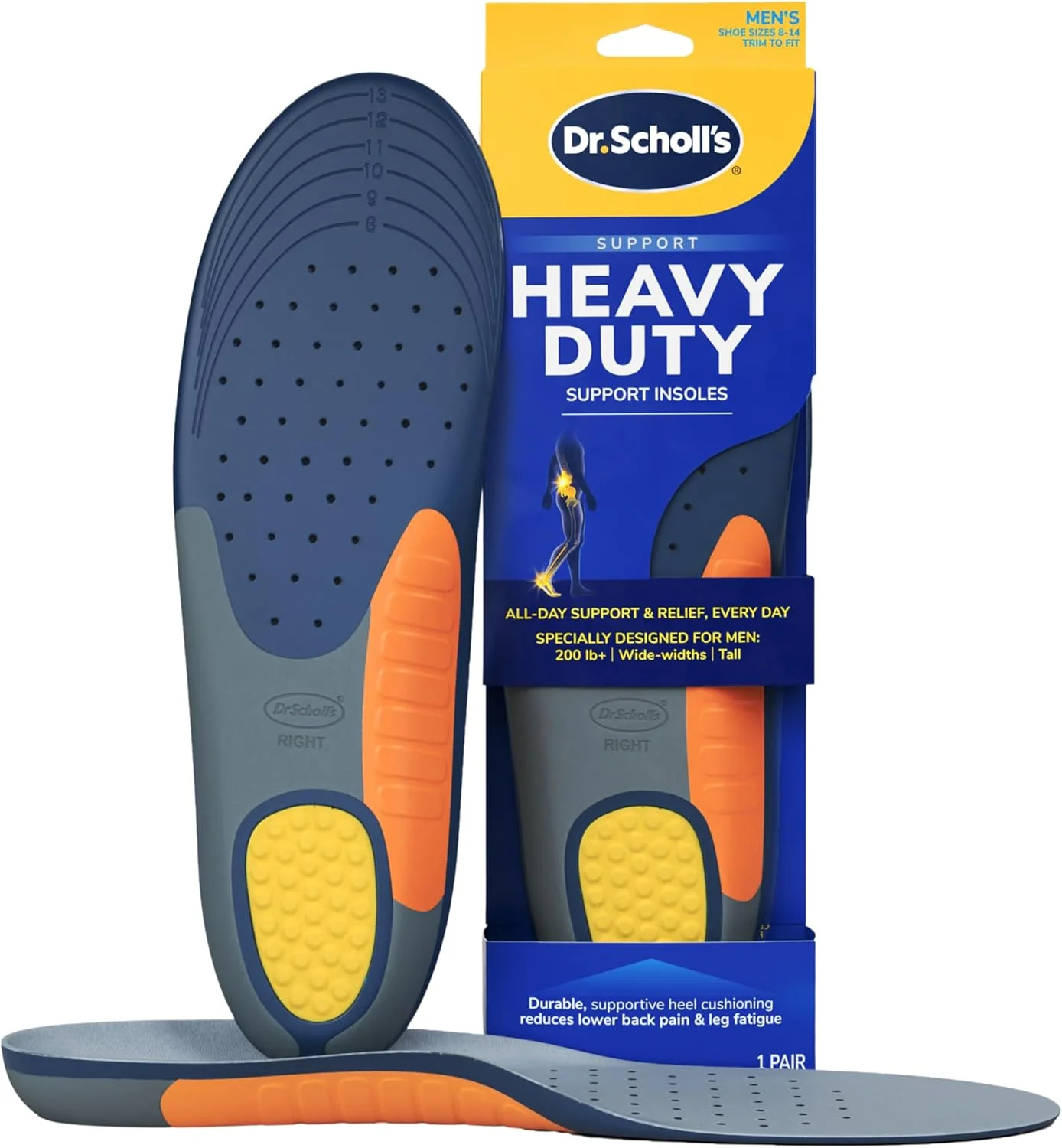 کفی طبی Dr. Scholl's Heavy Duty Support، مناسب افراد سنگین وزن و قد بلند، 90 کیلوگرم به بالا، پاهای پهن، جذب کننده ضربه، پشتیبانی از قوس پا، توزیع فشار، قابلیت برش برای تنظیم سایز، مناسب برای چکمه و کفش کار، سایز مردانه 41-48، 1 جفت