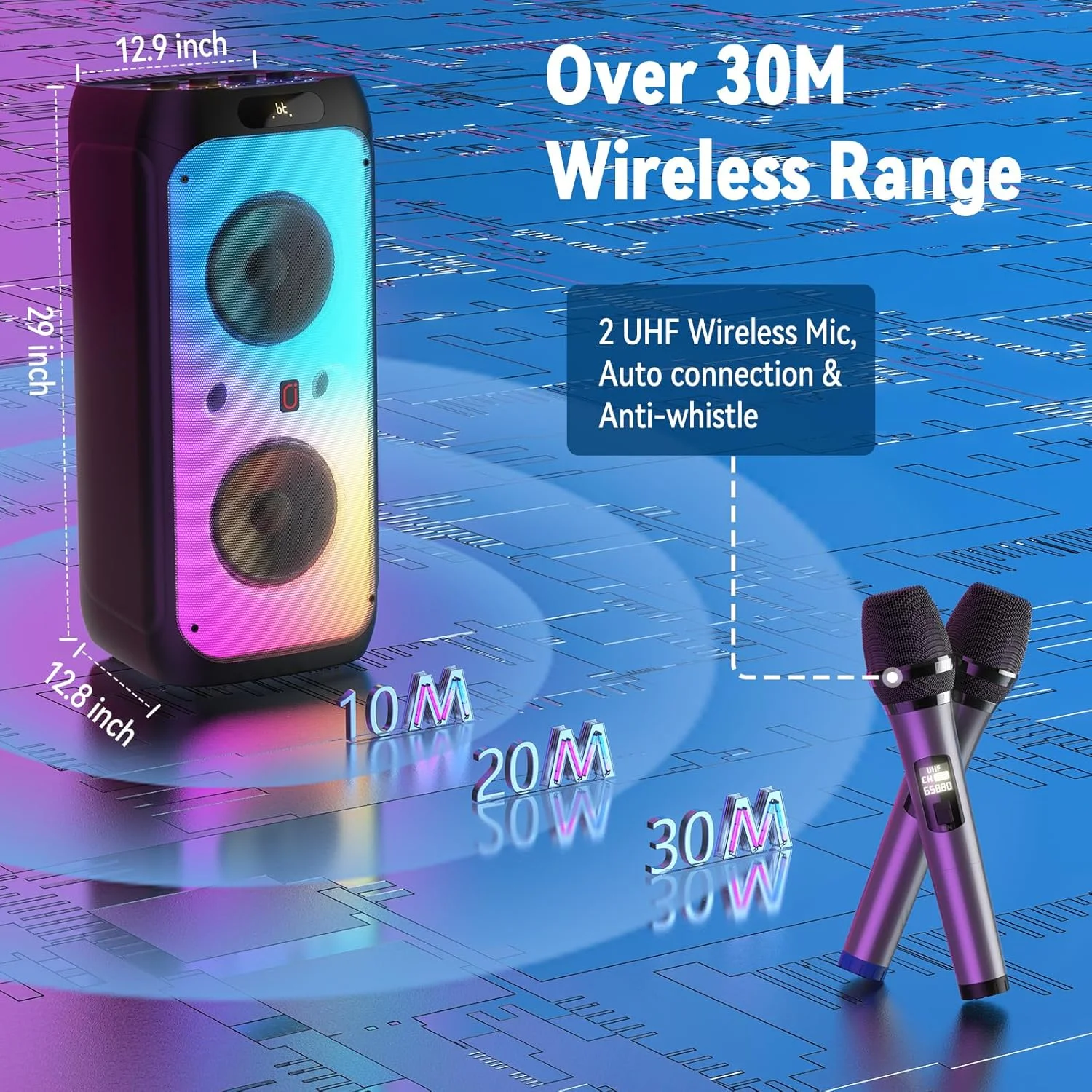 دستگاه کارائوکه JYX با 2 میکروفون بی سیم برای بزرگسالان، اسپیکر بلوتوث قابل حمل با چراغ های دیسکو برای دورهمی ها، پشتیبانی از TWS، AUX In، FM، REC، مناسب برای مهمانی های فضای باز